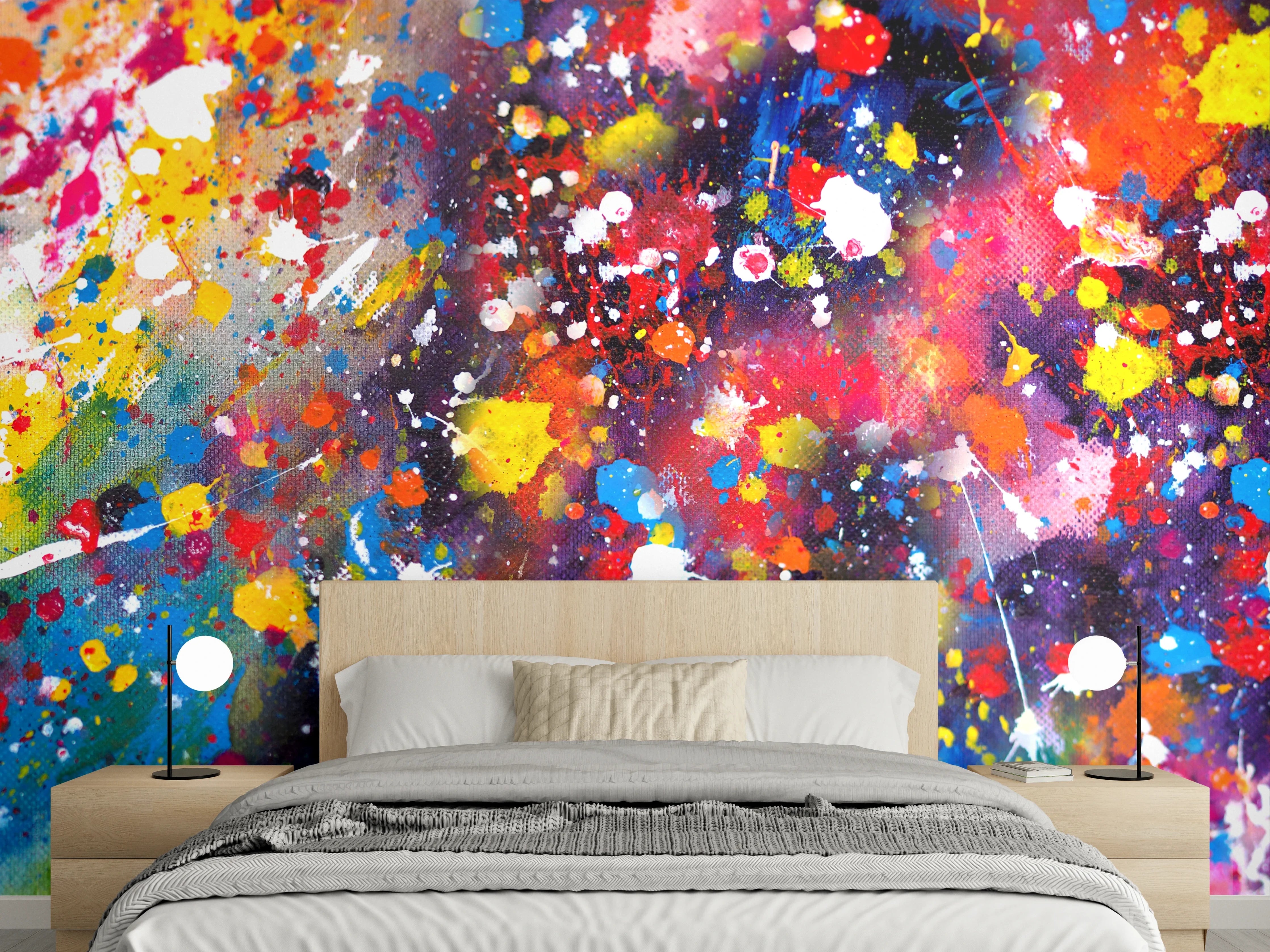 Wandverkleidung Schlafzimmer - Abstrakte Farbexplosion Wandkunst