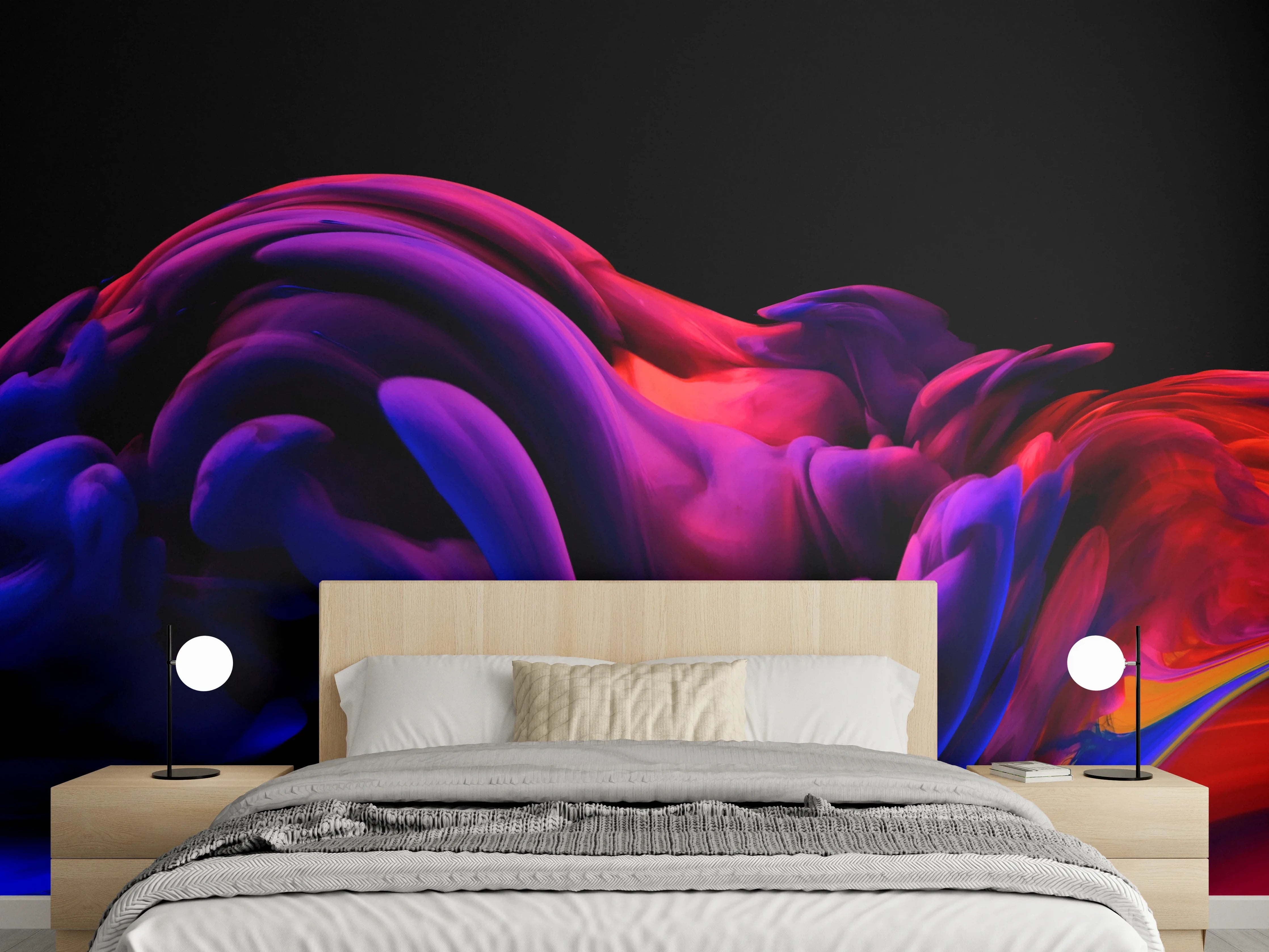 Wandverkleidung Schlafzimmer - Abstrakte Farbexplosion: Lila, Rot, Schwarz