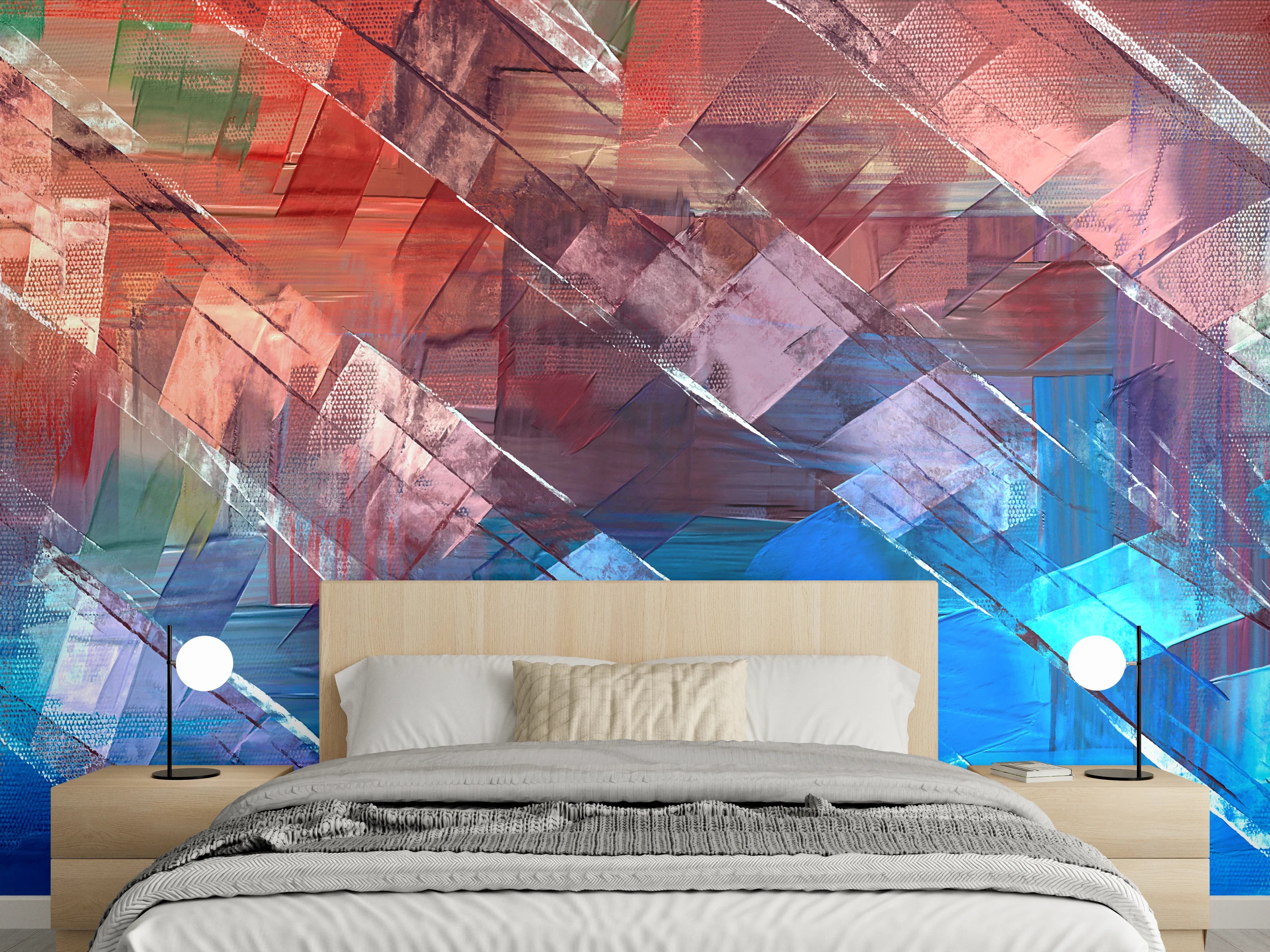 Wandverkleidung Schlafzimmer - Abstrakte Farbkomposition Blau Rot Modern