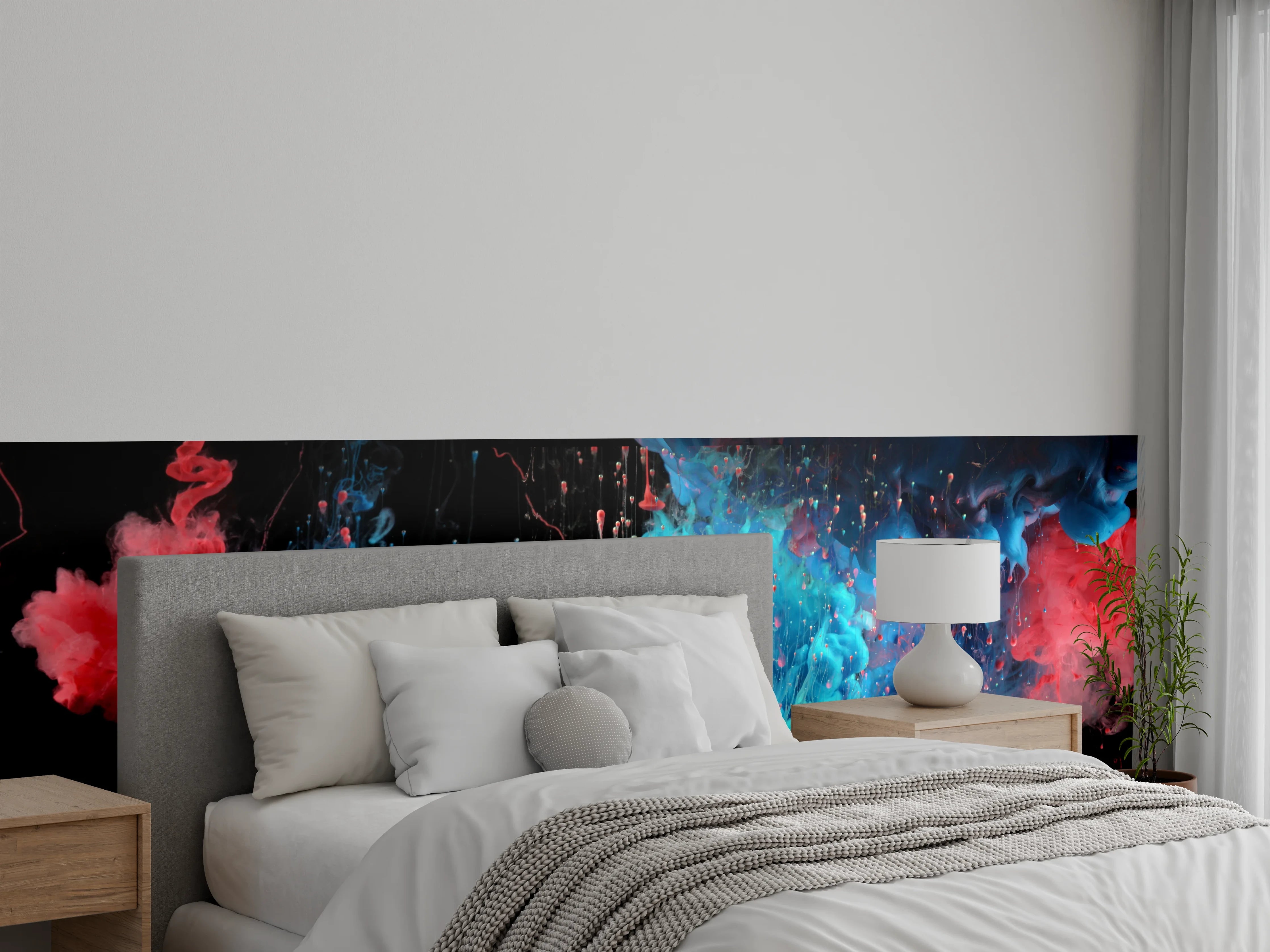 Wandverkleidung Schlafzimmer - Abstrakte Farbwolken in Rot und Blau