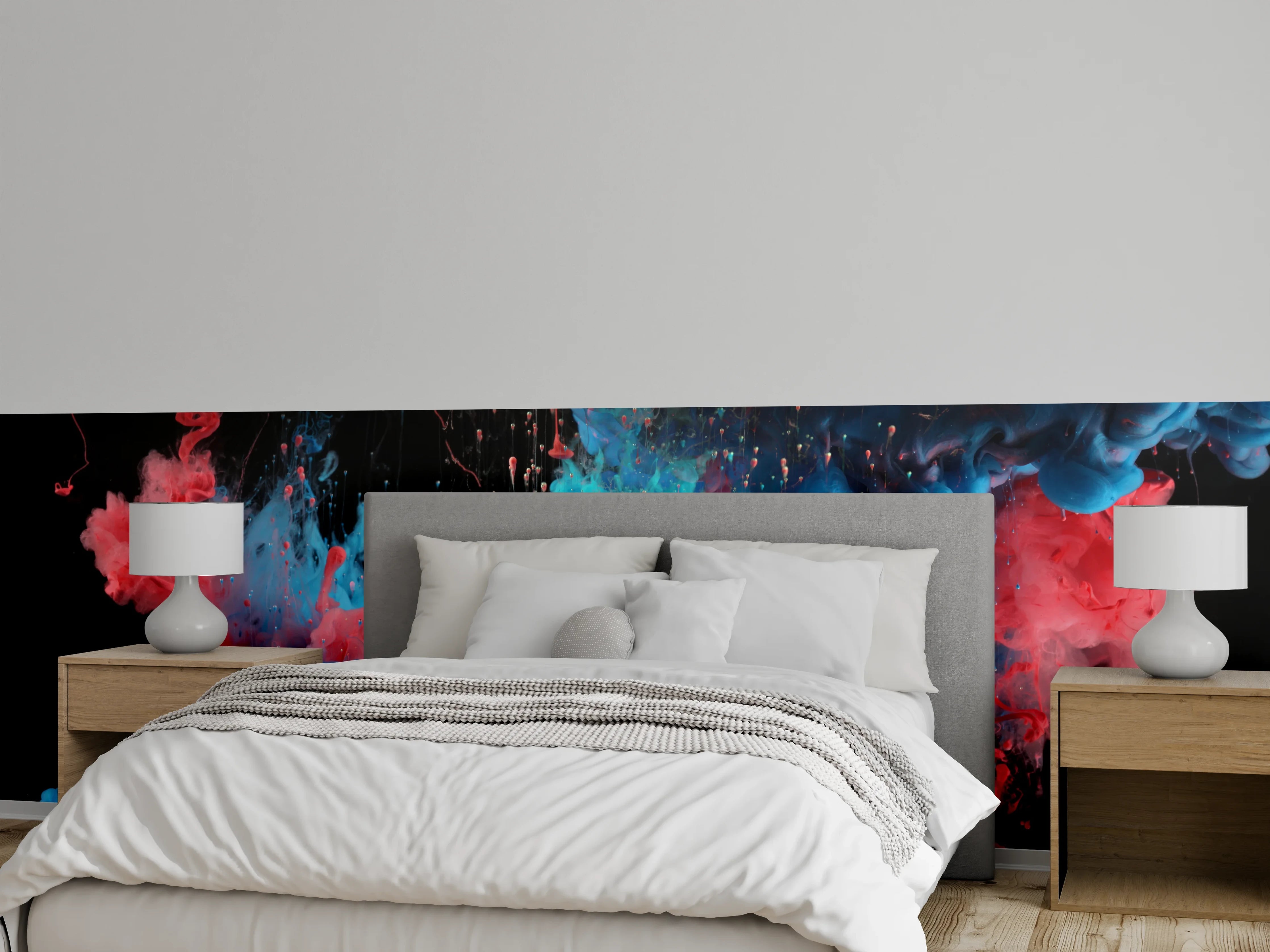 Wandverkleidung Schlafzimmer - Abstrakte Farbwolken in Rot und Blau