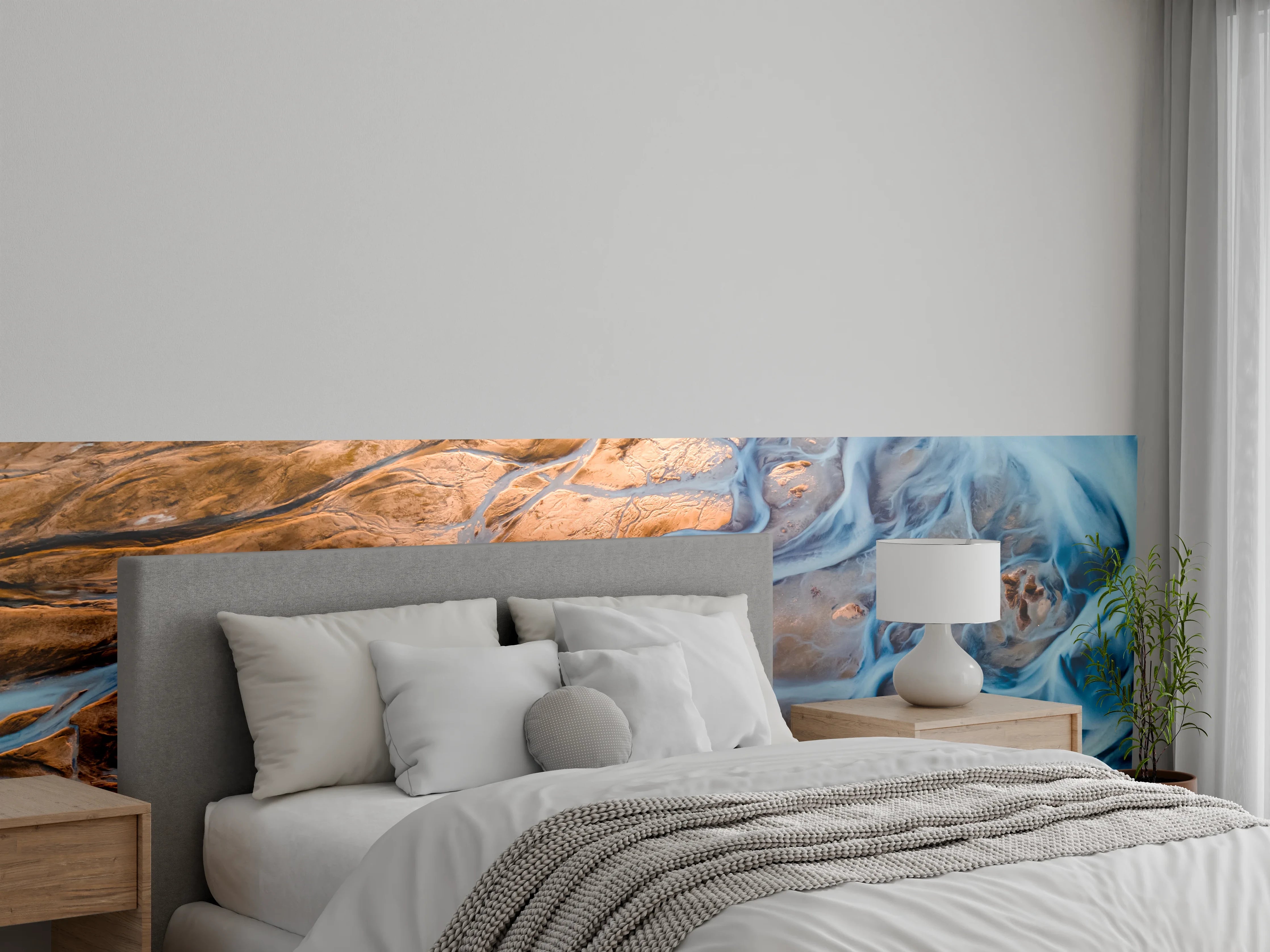 Wandverkleidung Schlafzimmer - Abstrakte Flusslandschaft mit Blautönen