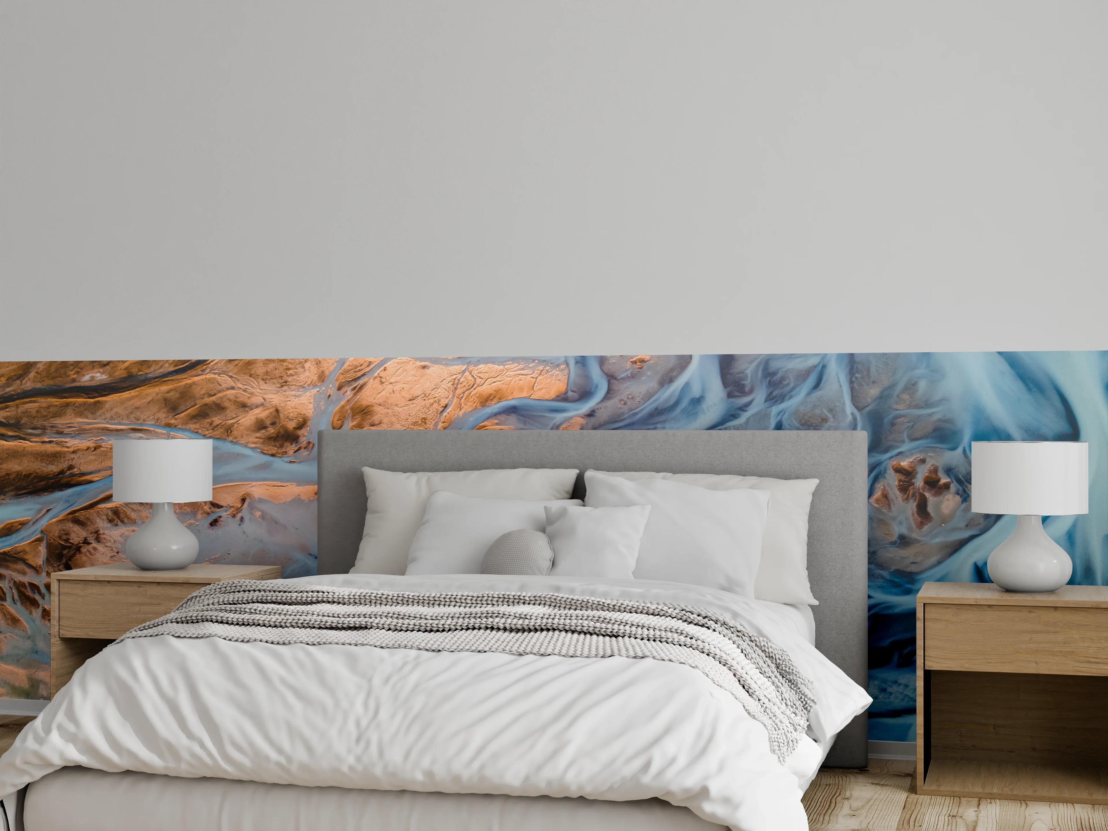Wandverkleidung Schlafzimmer - Abstrakte Flusslandschaft mit Blautönen