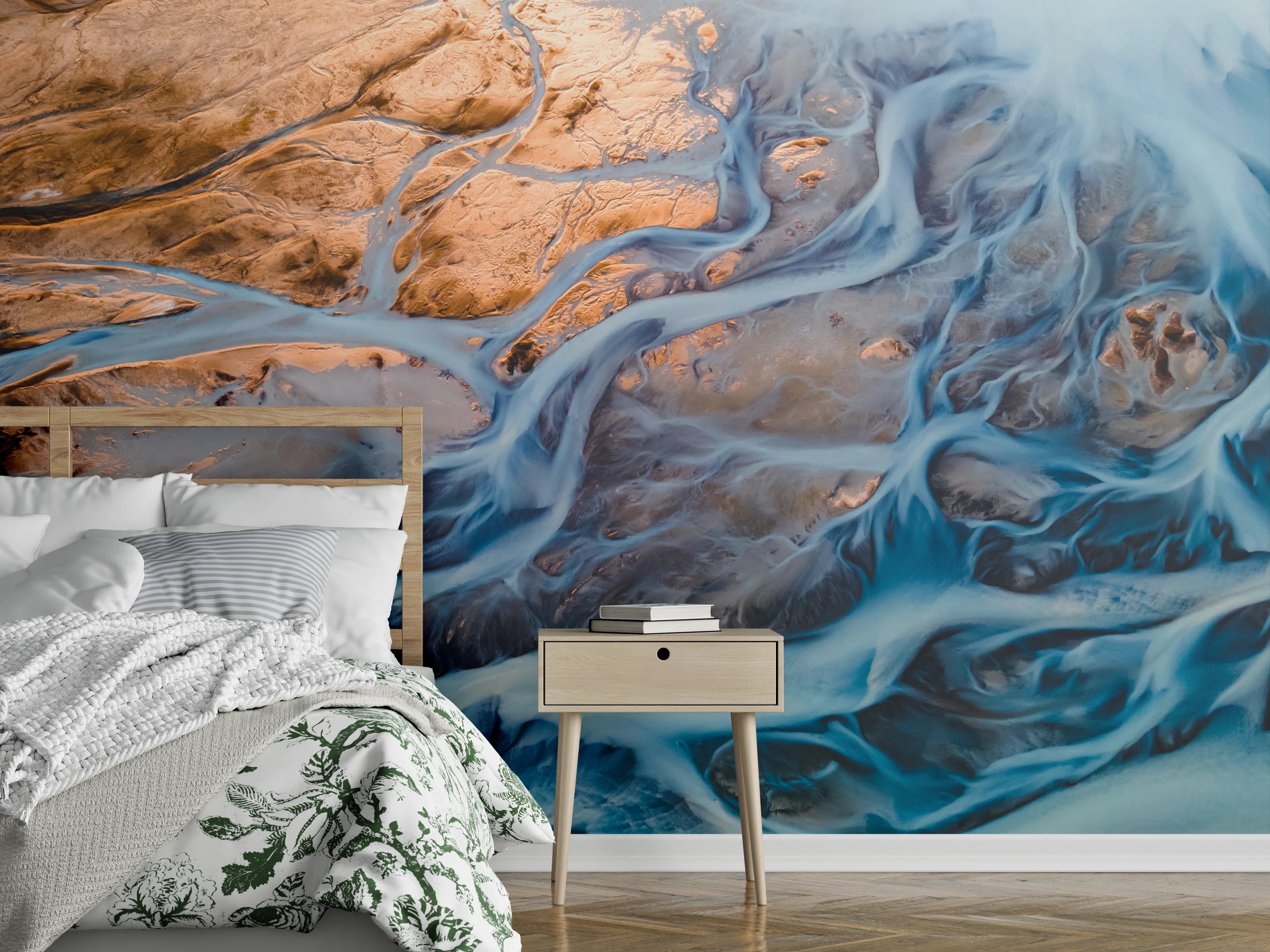 Wandverkleidung Schlafzimmer - Abstrakte Flusslandschaft mit Blautönen