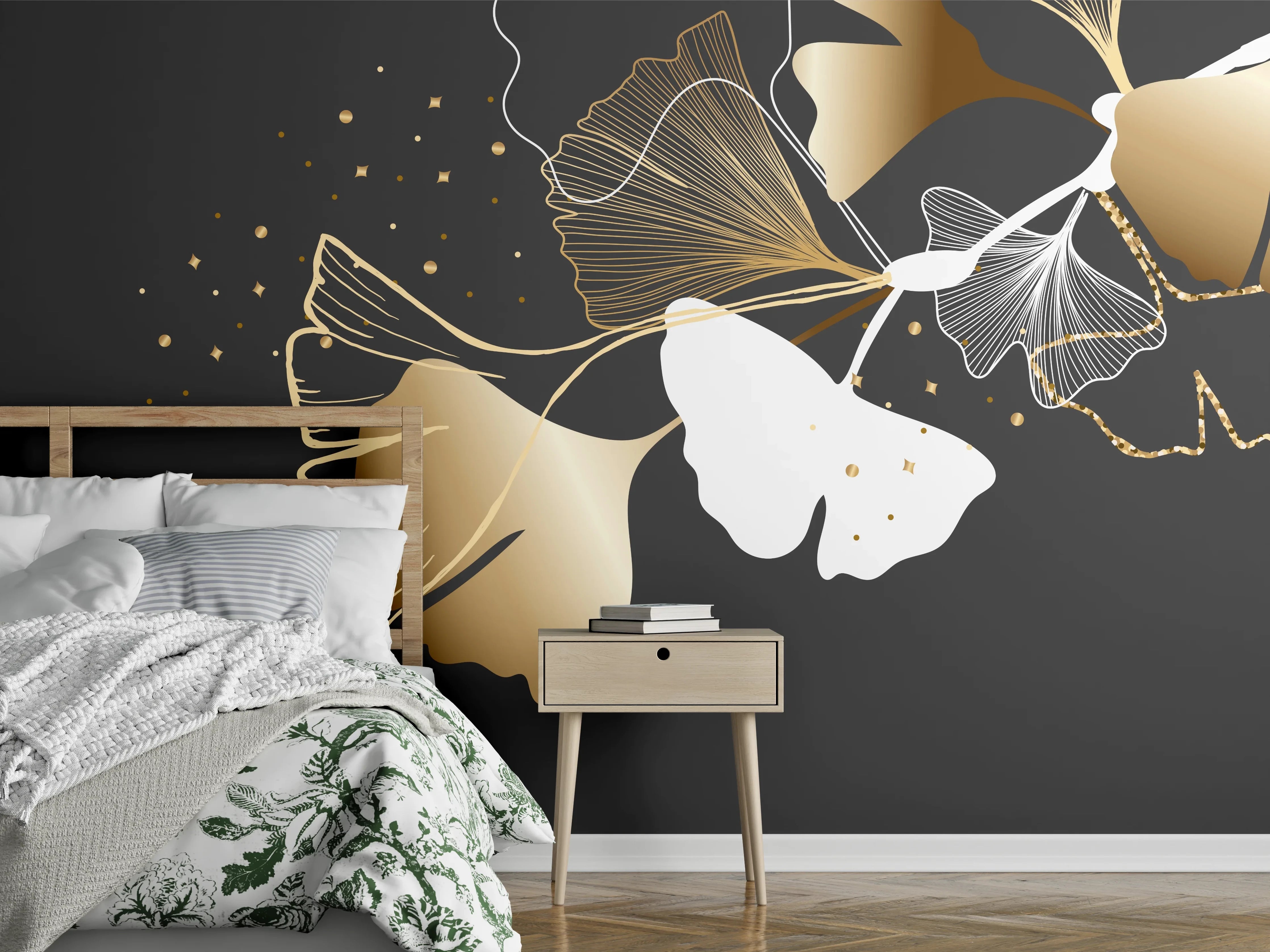 Wandverkleidung Schlafzimmer - Abstrakte Ginkgo Muster Gold Schwarz