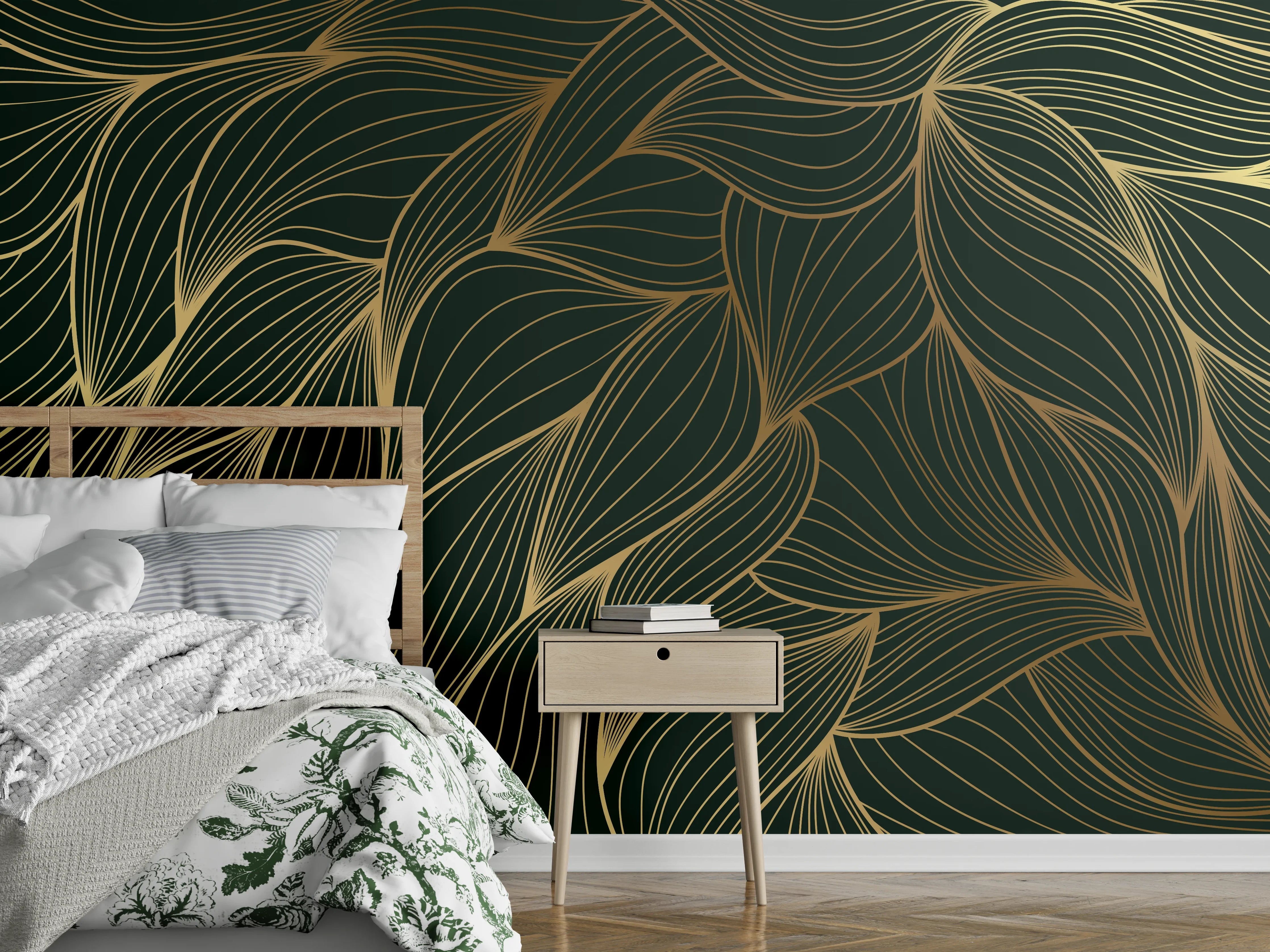 Wandverkleidung Schlafzimmer - Abstrakte Gold-Grün-Wellenmuster