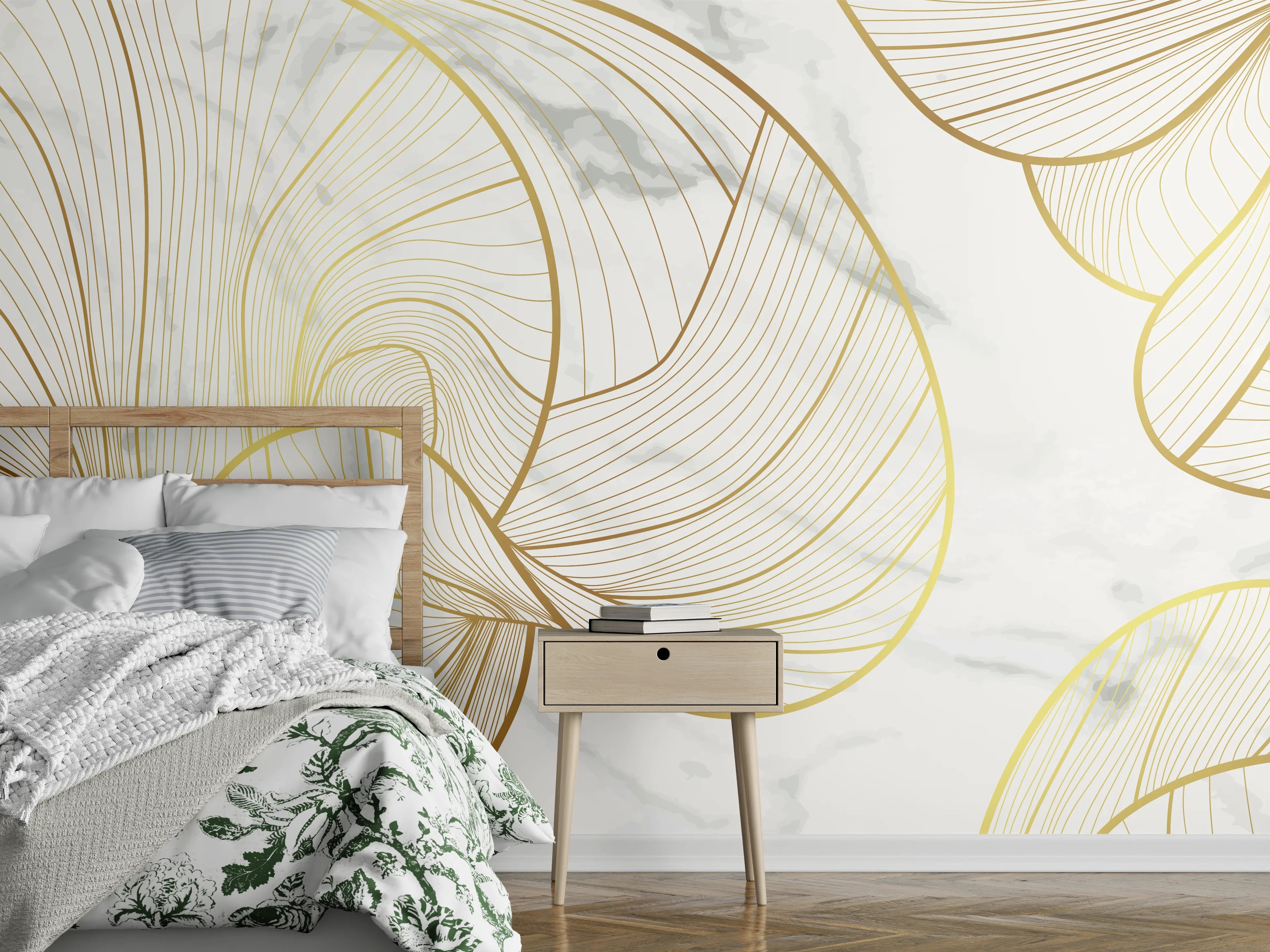 Wandverkleidung Schlafzimmer - Abstrakte Gold-Linien auf Weiß