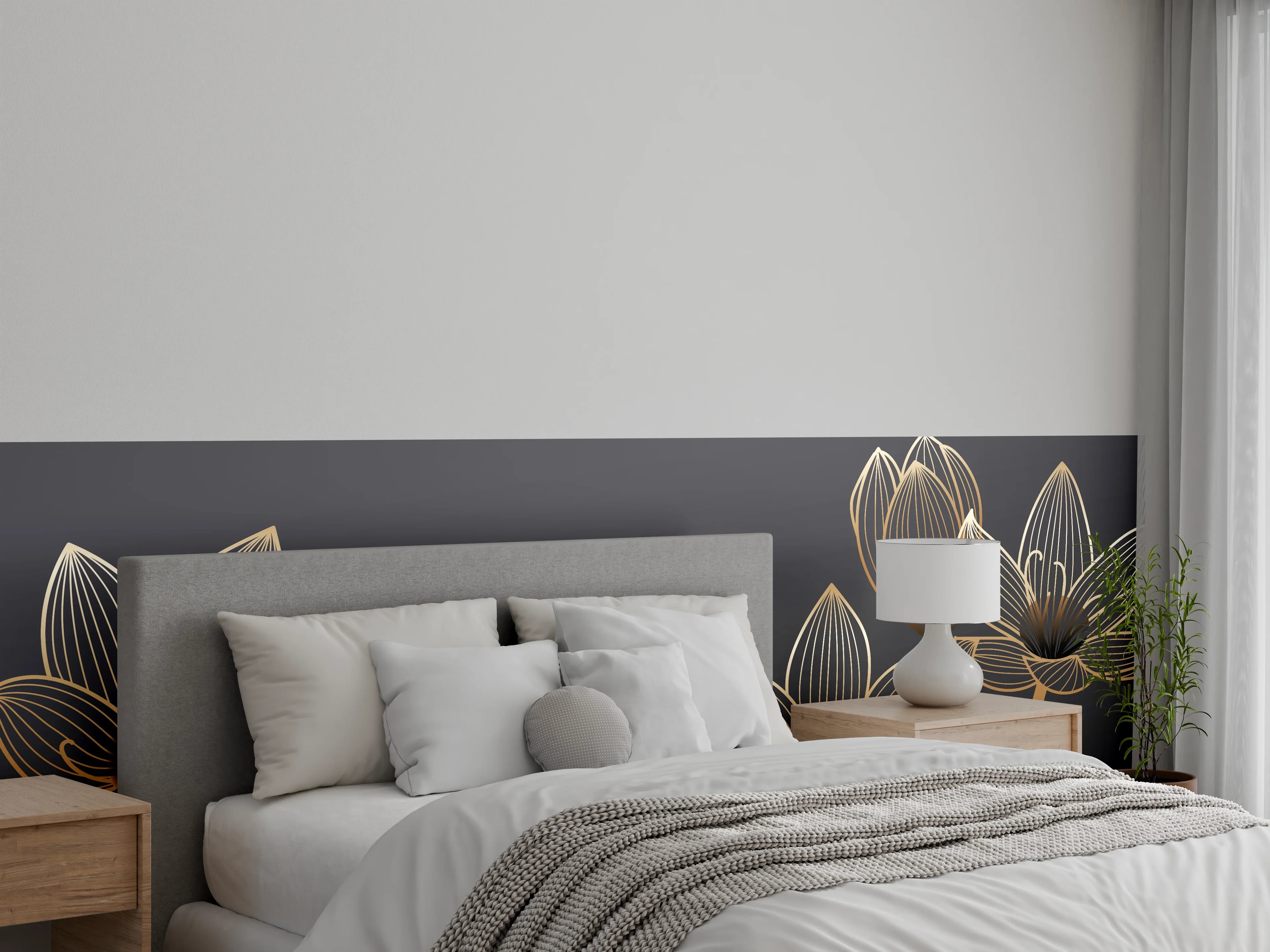 Wandverkleidung Schlafzimmer - Abstrakte Gold-Schwarz Blumen Linienart