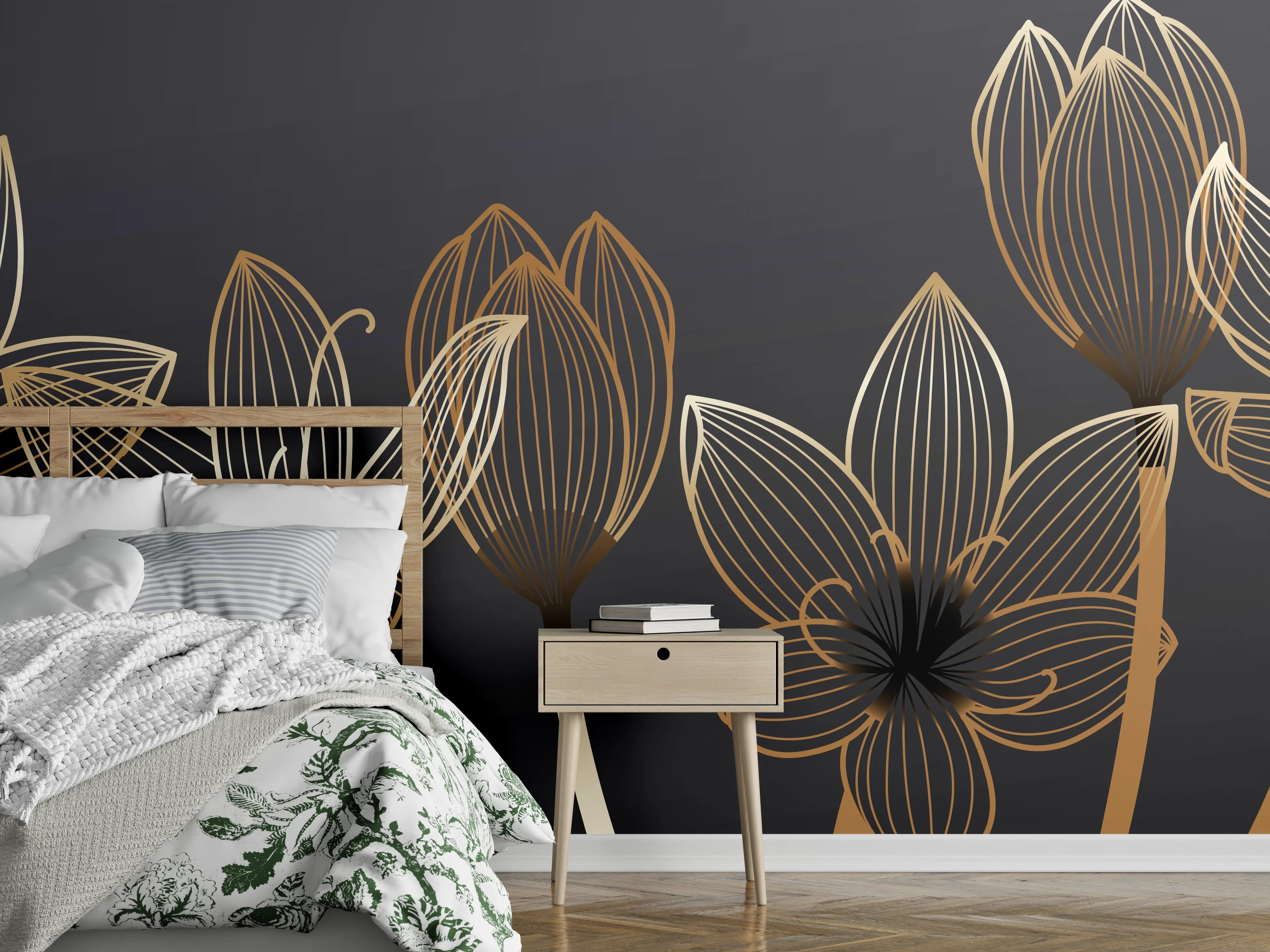 Wandverkleidung Schlafzimmer - Abstrakte Gold-Schwarz Blumen Linienart