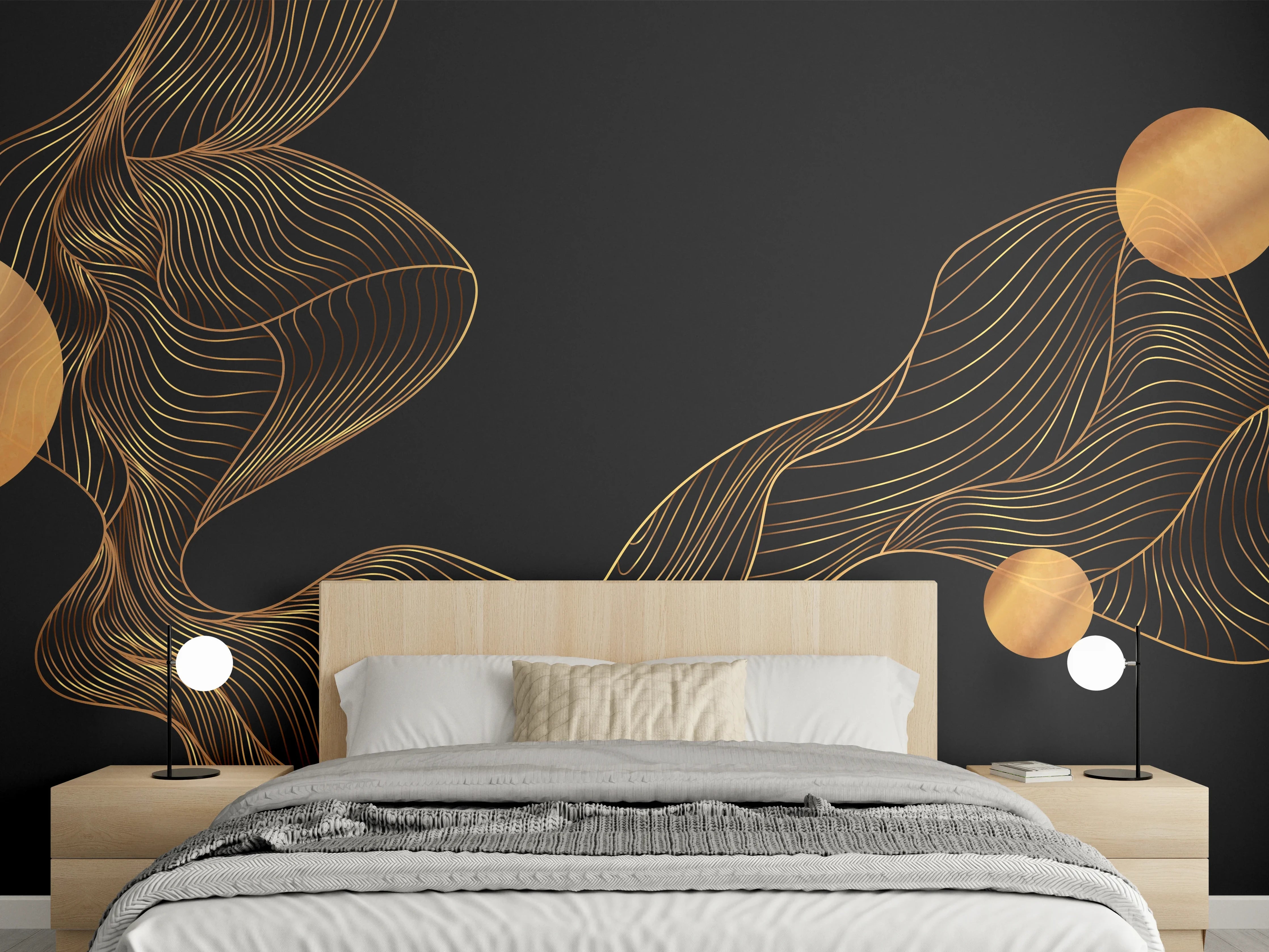 Wandverkleidung Schlafzimmer - Abstrakte Gold-Schwarz Linienkunst