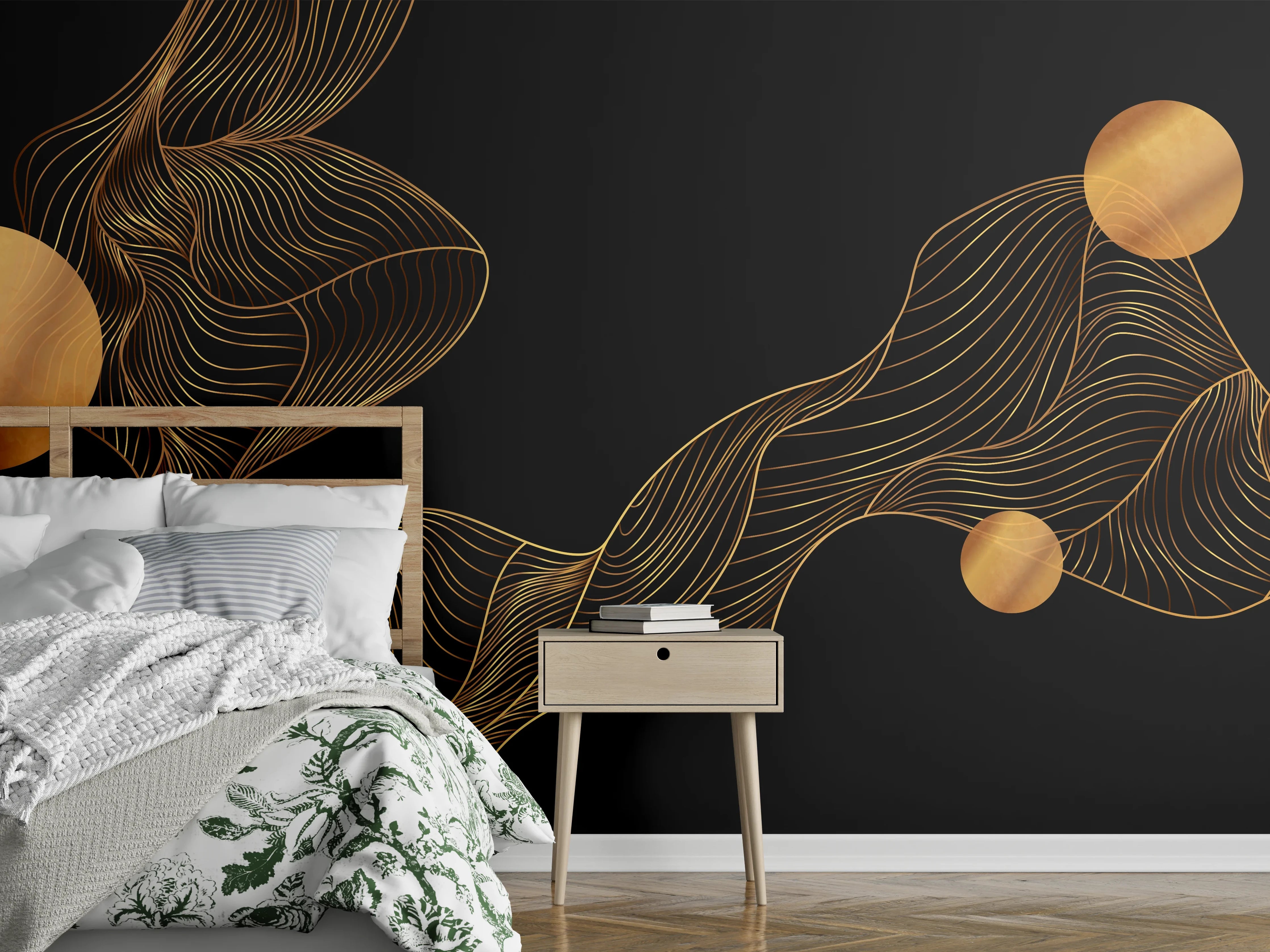 Wandverkleidung Schlafzimmer - Abstrakte Gold-Schwarz Linienkunst