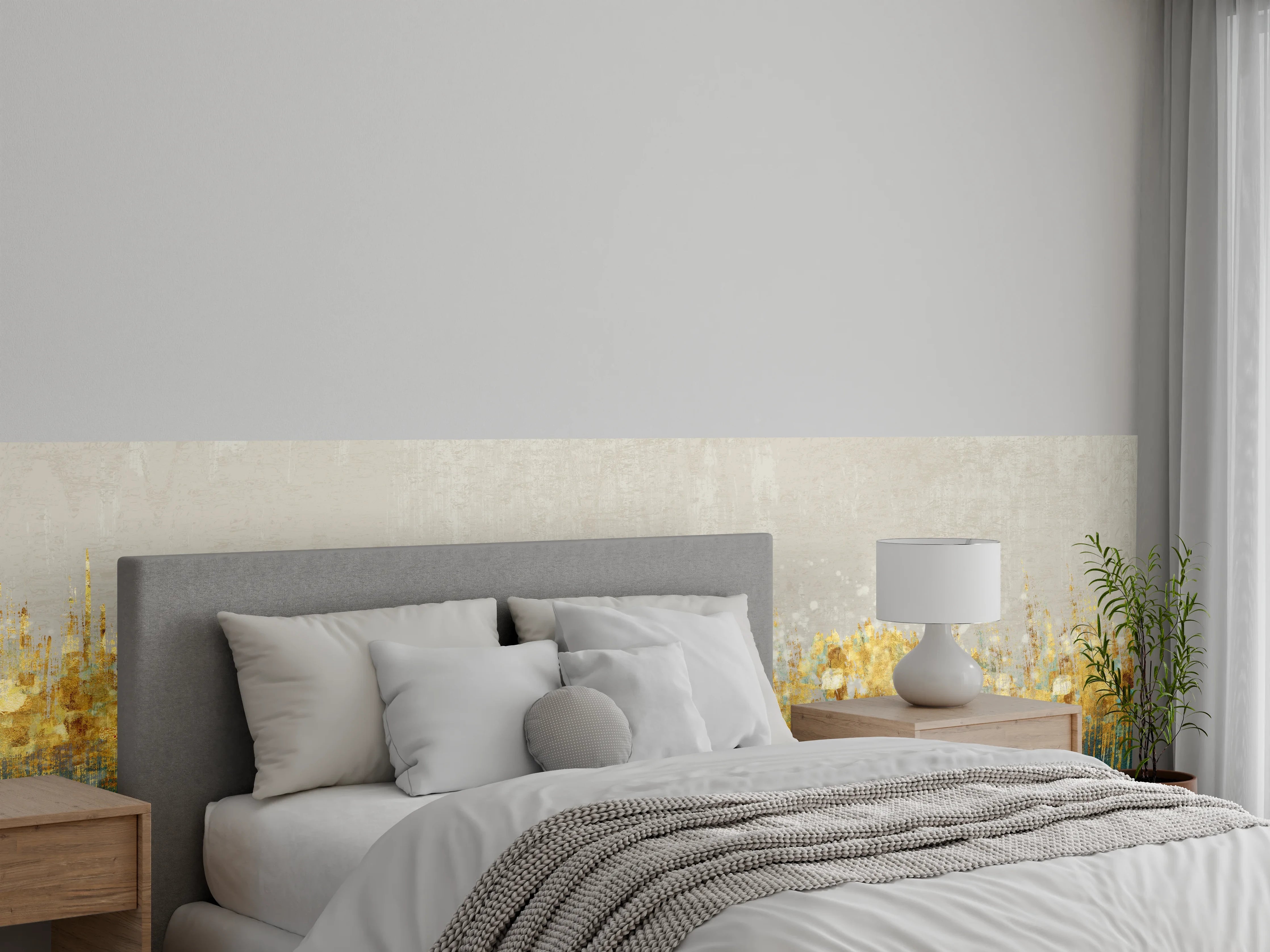 Wandverkleidung Schlafzimmer - Abstrakte Goldakzente auf Türkis & Beige