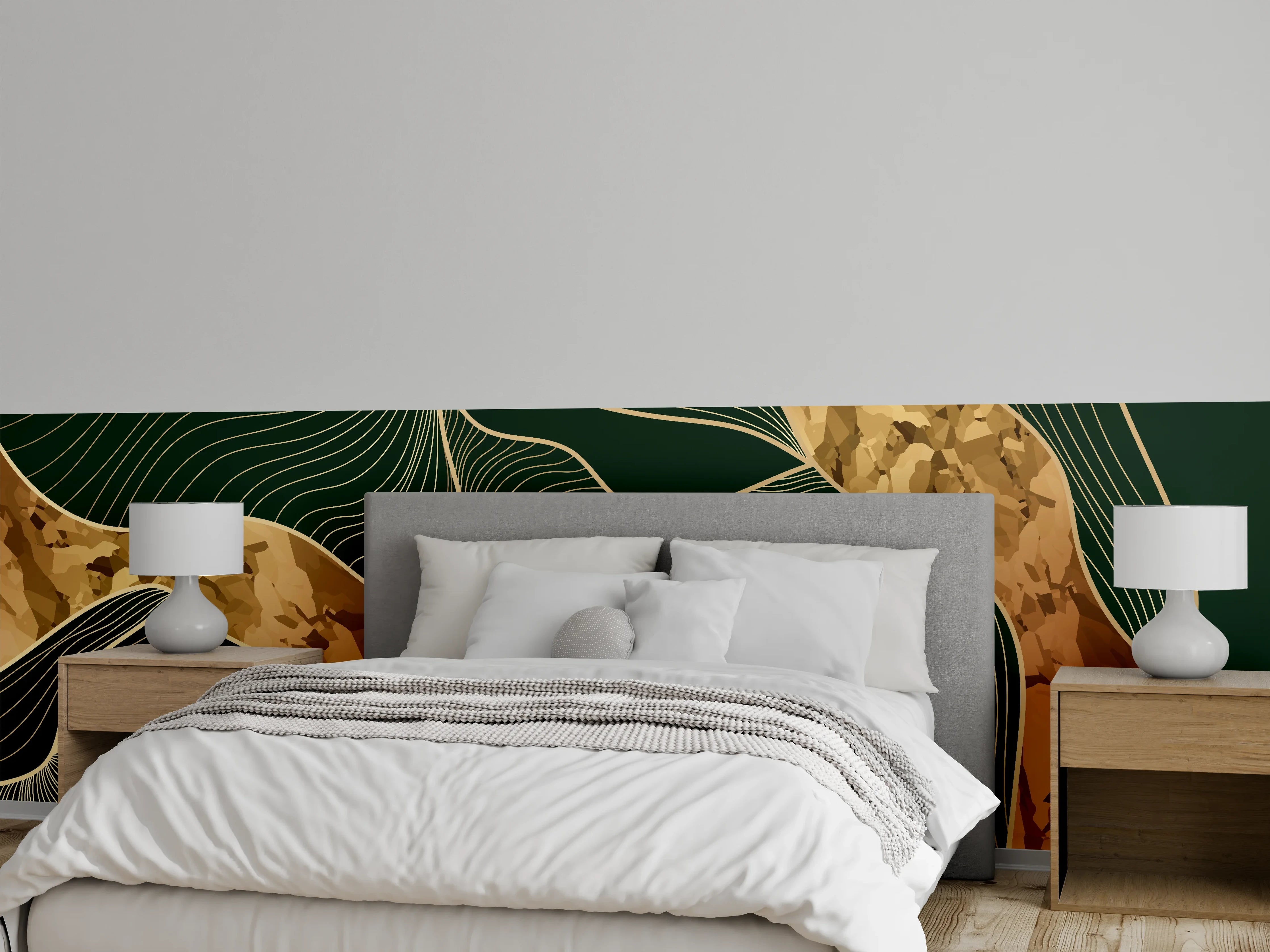 Wandverkleidung Schlafzimmer - Abstrakte Goldbraun-Linien Kunst