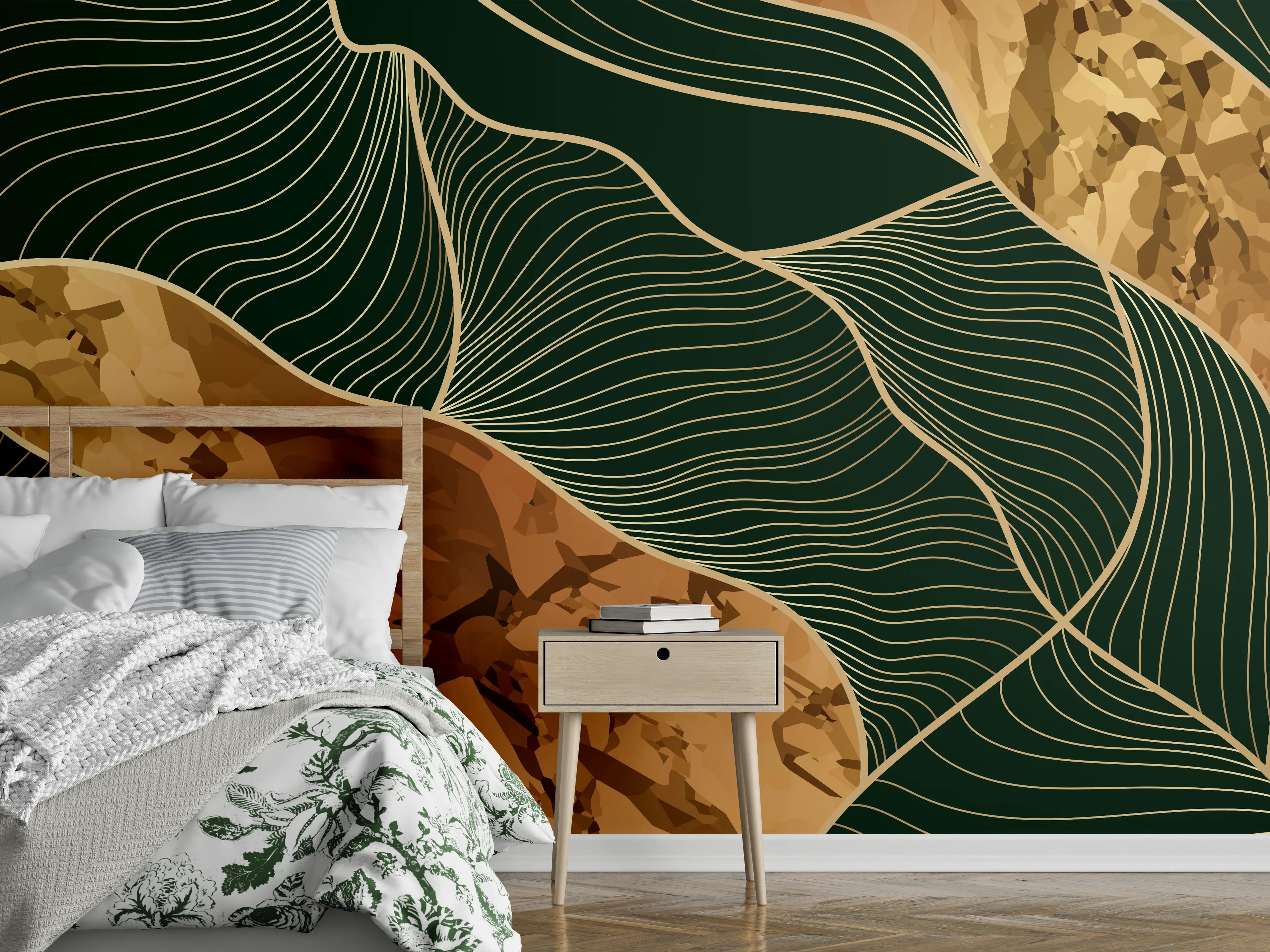 Wandverkleidung Schlafzimmer - Abstrakte Goldbraun-Linien Kunst