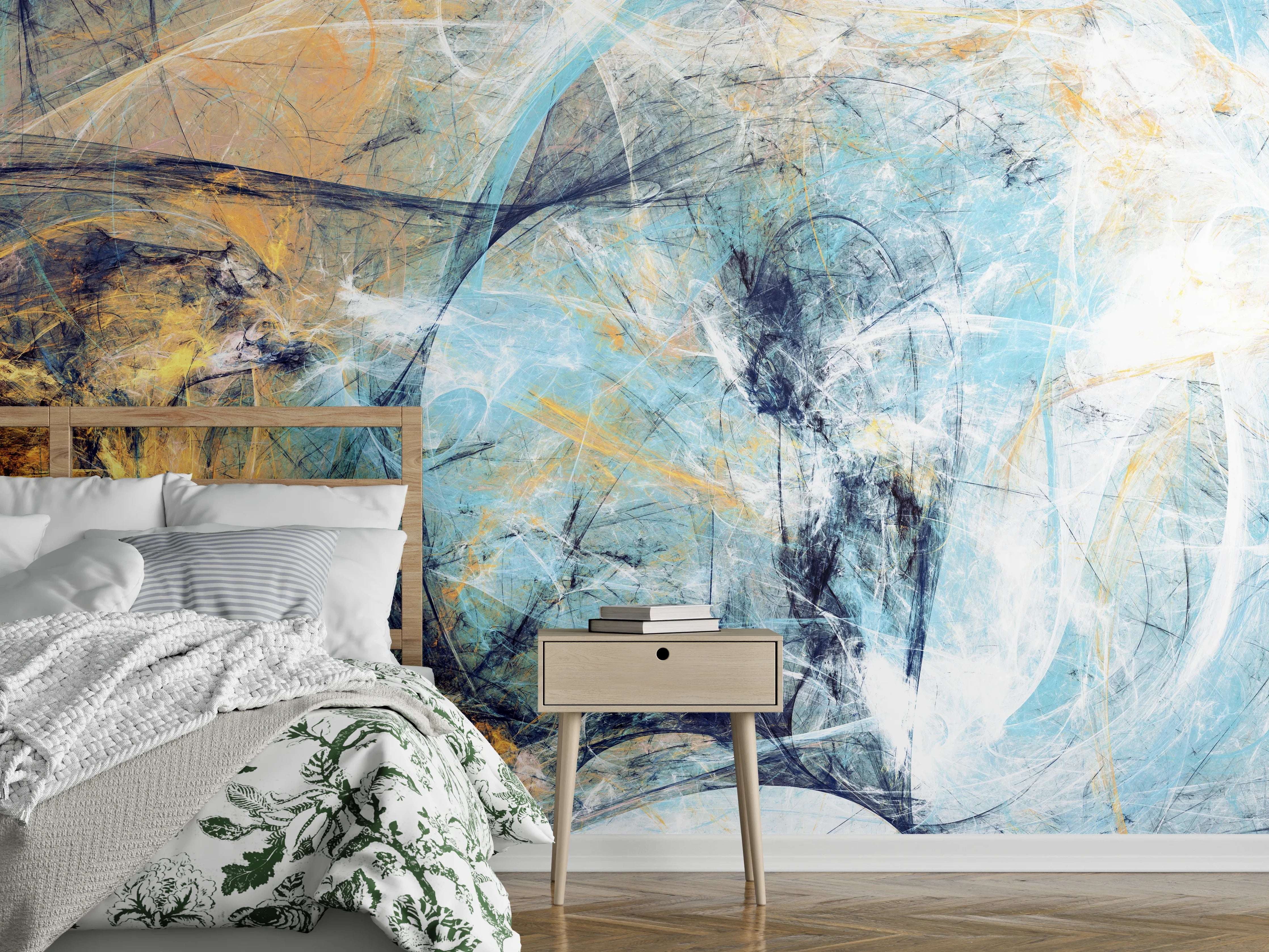 Wandverkleidung Schlafzimmer - Abstrakte Kunst Blau Beige Weiß
