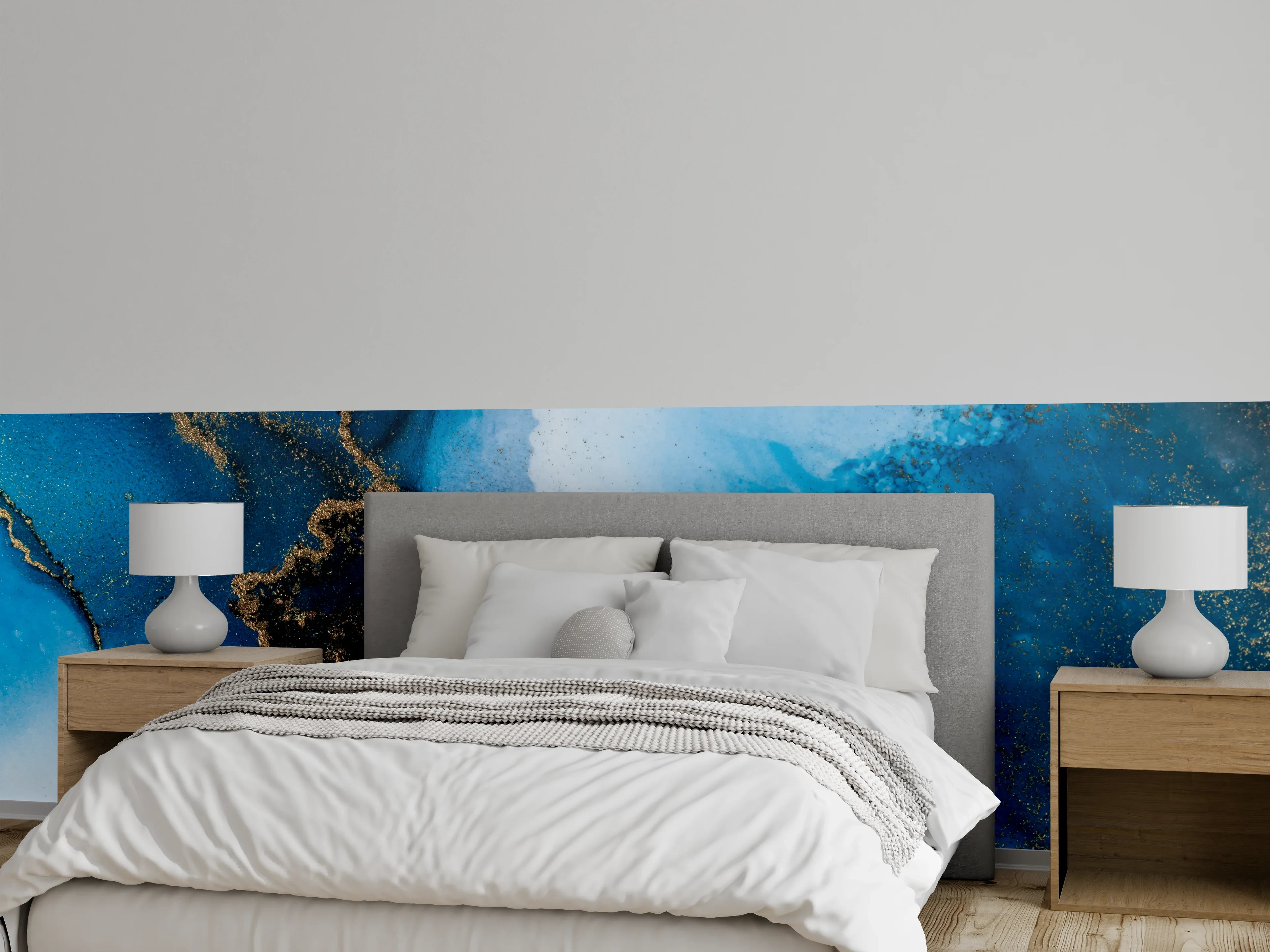 Wandverkleidung Schlafzimmer - Abstrakte Kunst in Blau und Gold