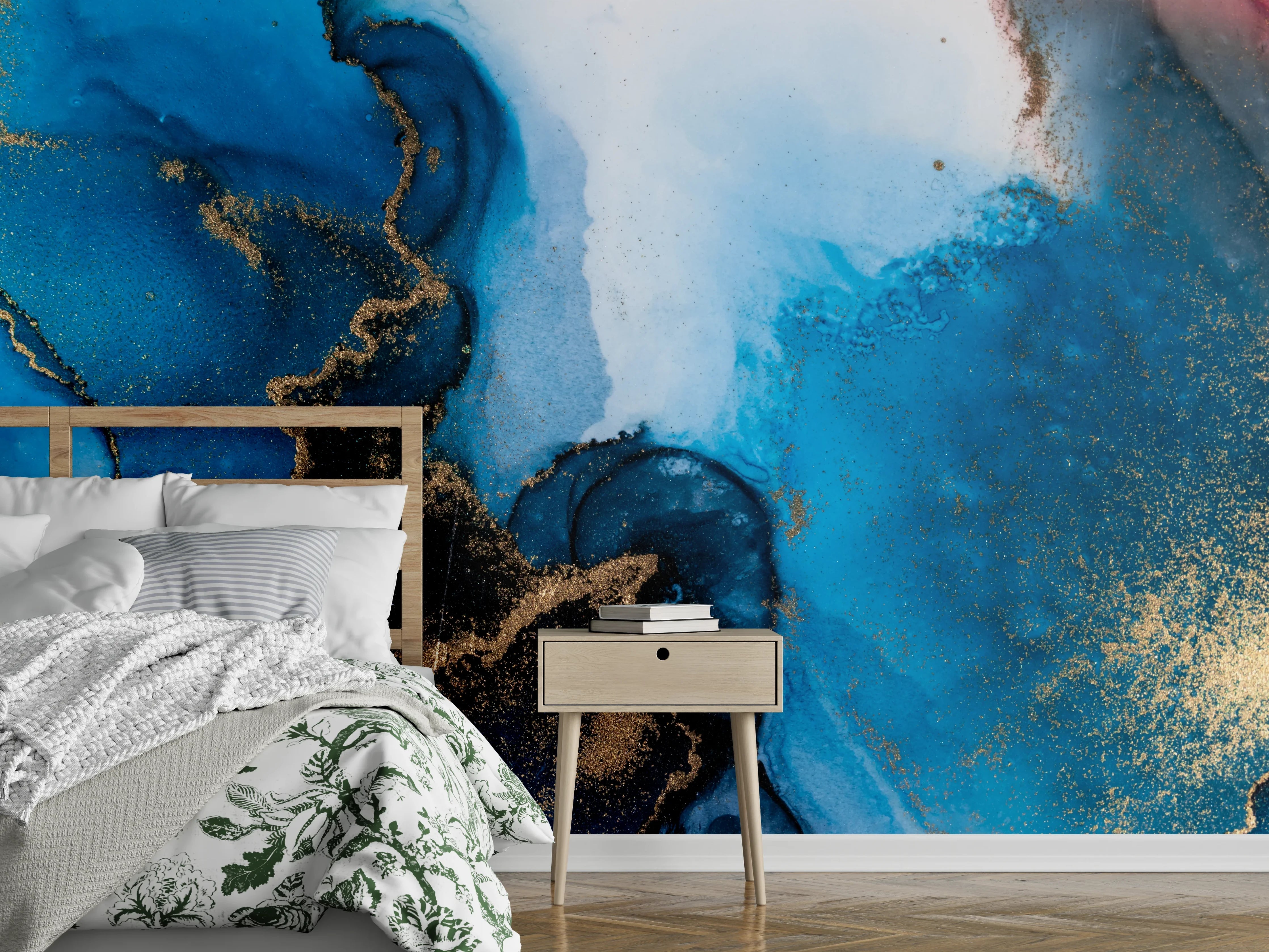 Wandverkleidung Schlafzimmer - Abstrakte Kunst in Blau und Gold