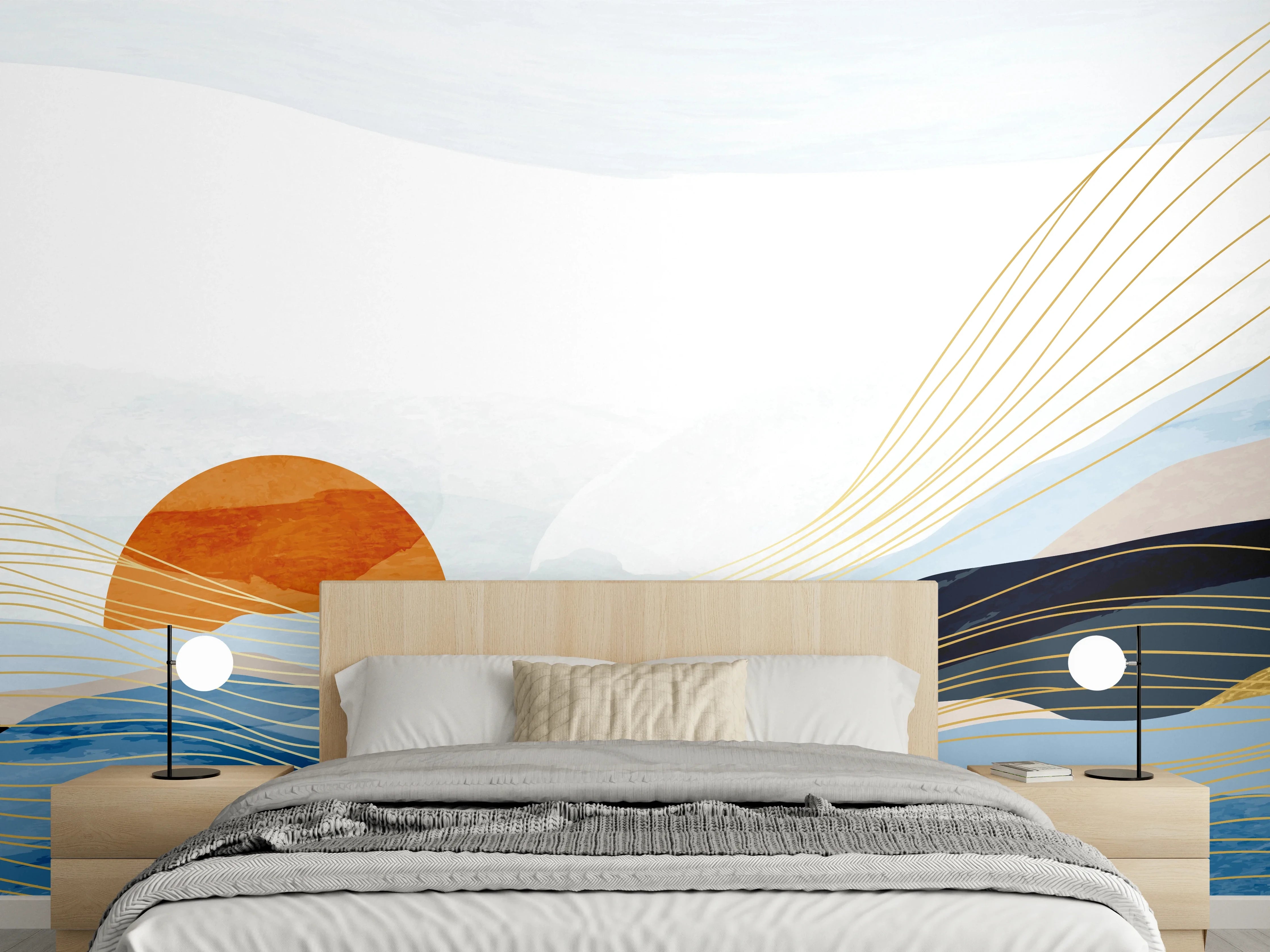 Wandverkleidung Schlafzimmer - Abstrakte Landschaft Sonnenaufgang Goldlinien