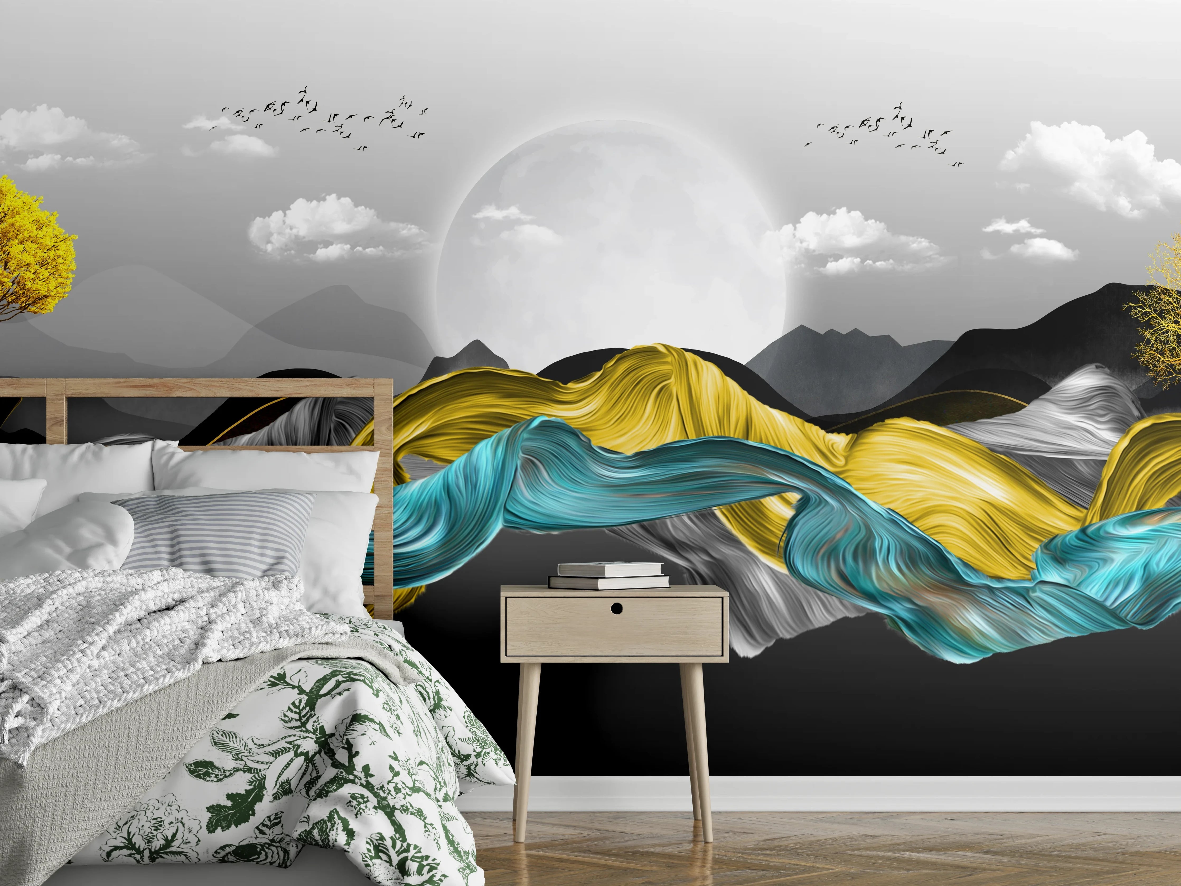 Wandverkleidung Schlafzimmer - Abstrakte Landschaft mit goldenen Wellen