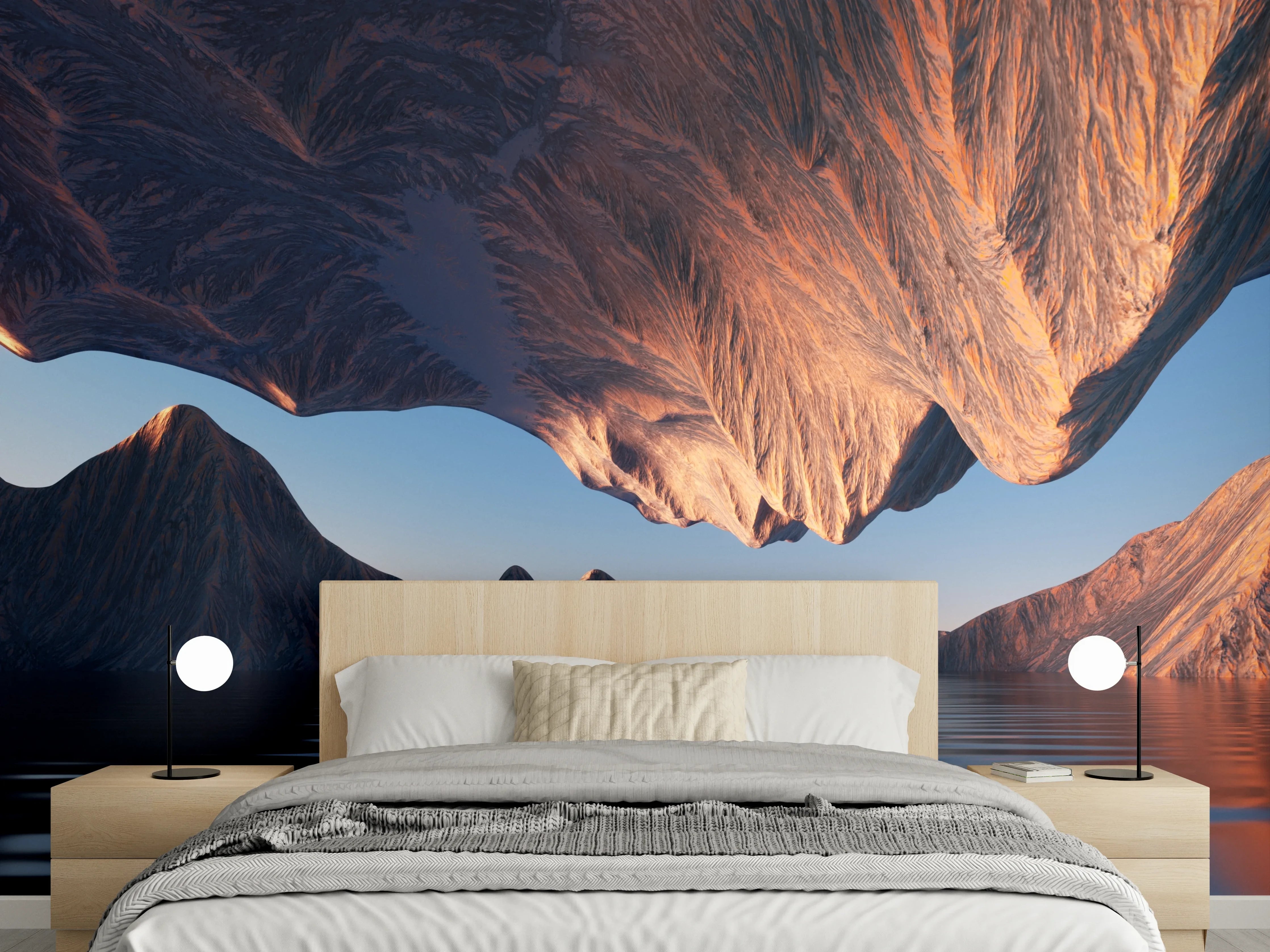 Wandverkleidung Schlafzimmer - Abstrakte Landschaft, Wasser und Berge