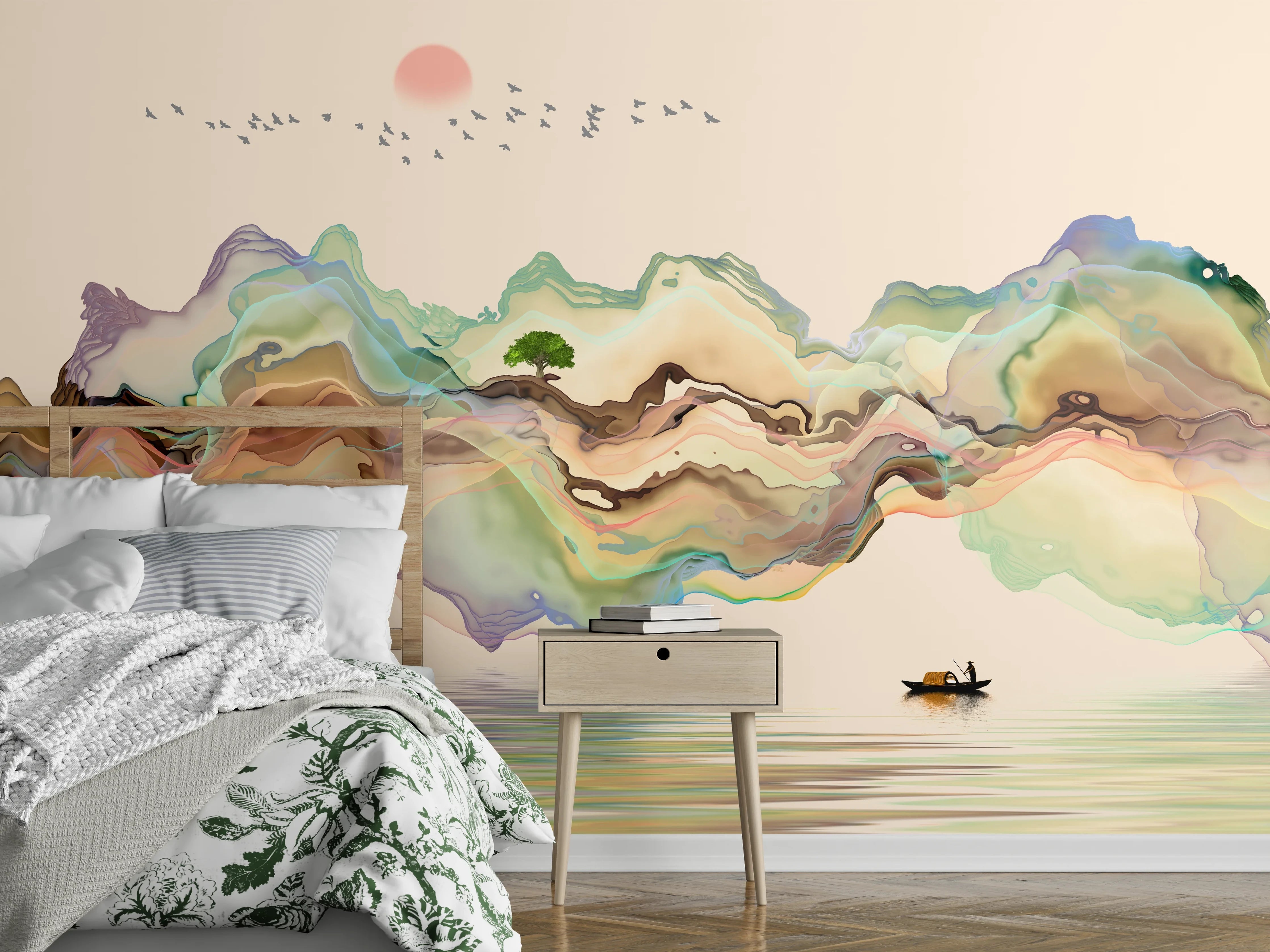Wandverkleidung Schlafzimmer - Abstrakte Landschafts Illustration