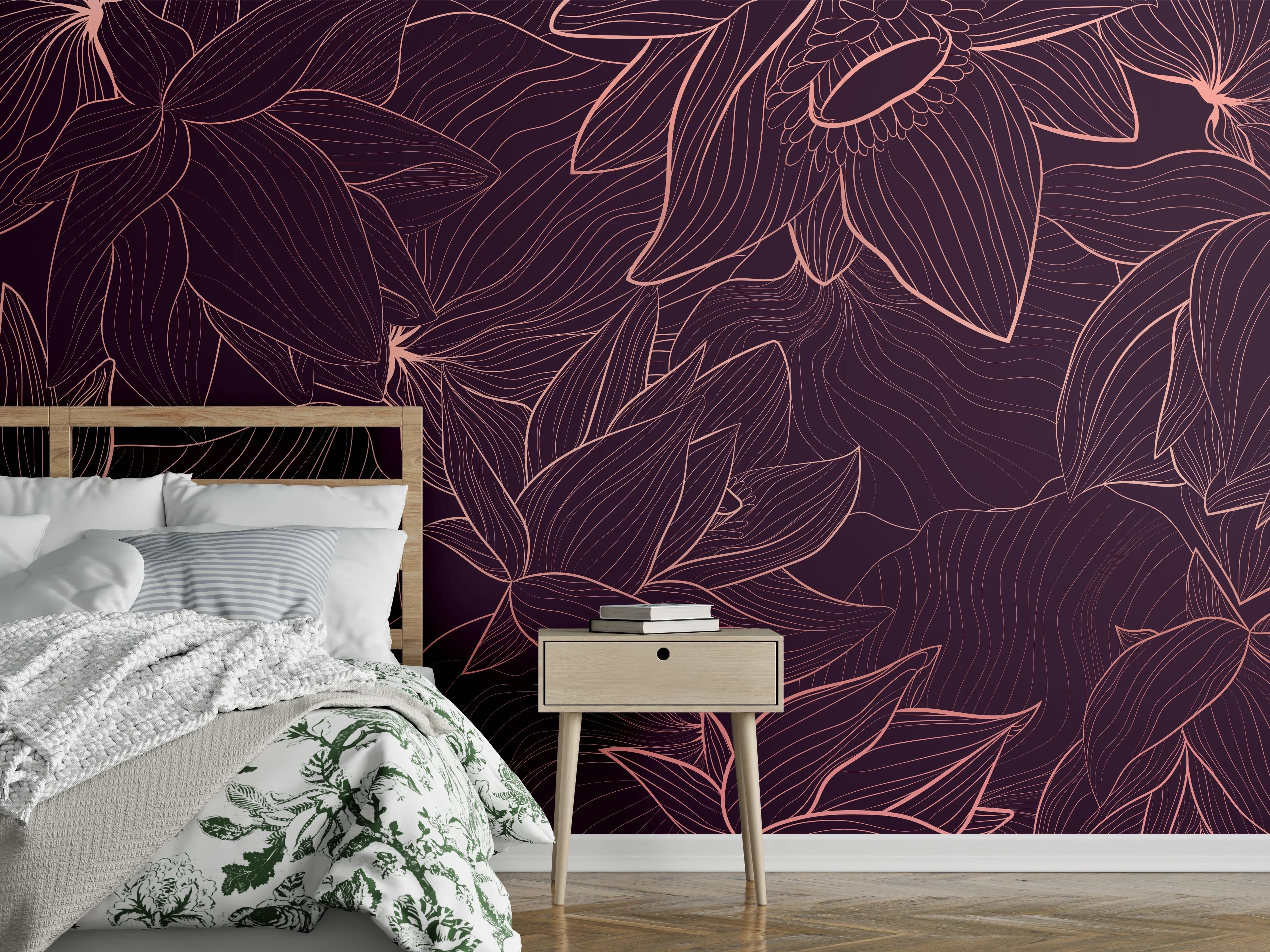 Wandverkleidung Schlafzimmer - Abstrakte Lila Blumenlinien