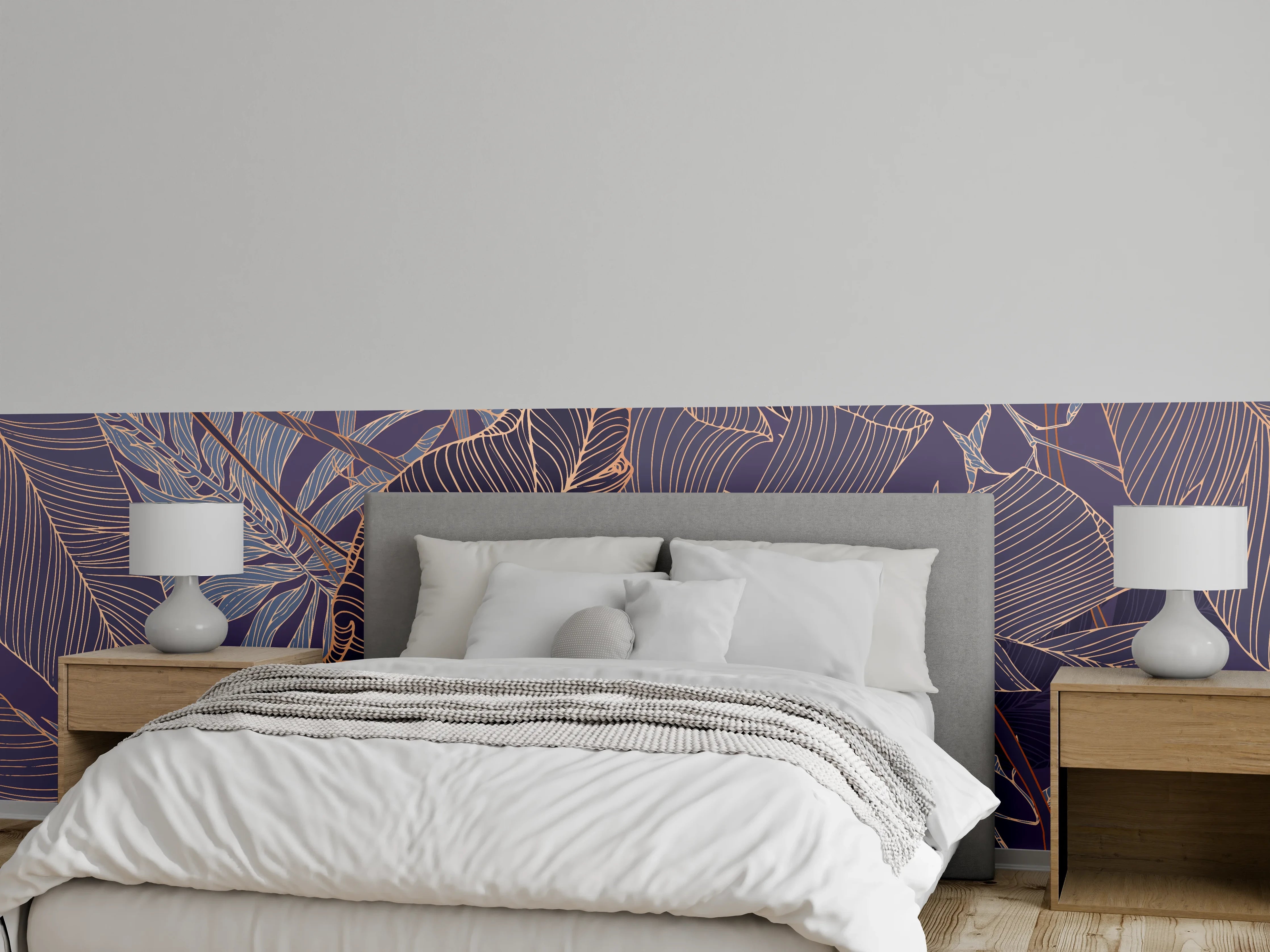 Wandverkleidung Schlafzimmer - Abstrakte Lila-Goldene Blattmuster