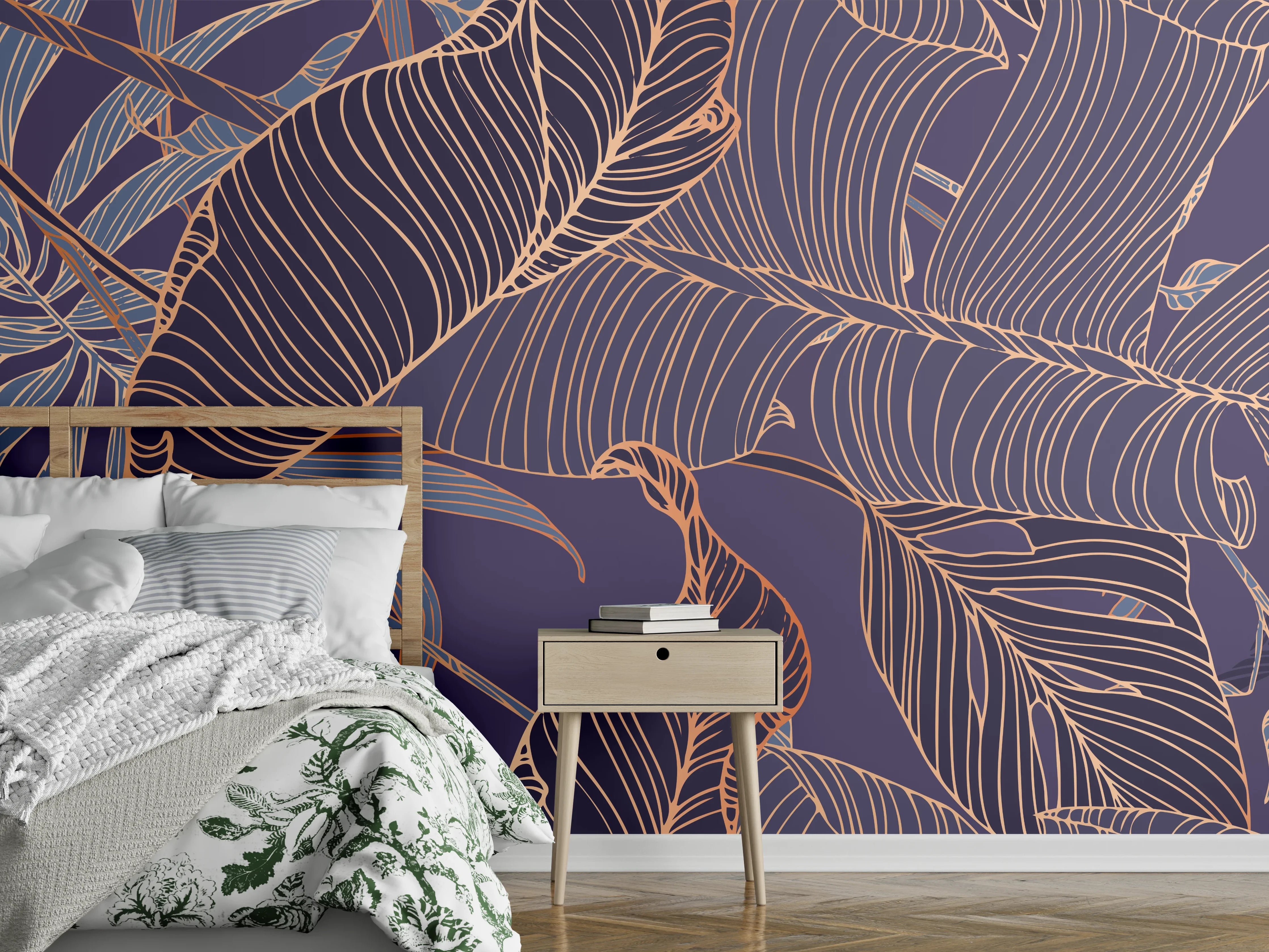 Wandverkleidung Schlafzimmer - Abstrakte Lila-Goldene Blattmuster