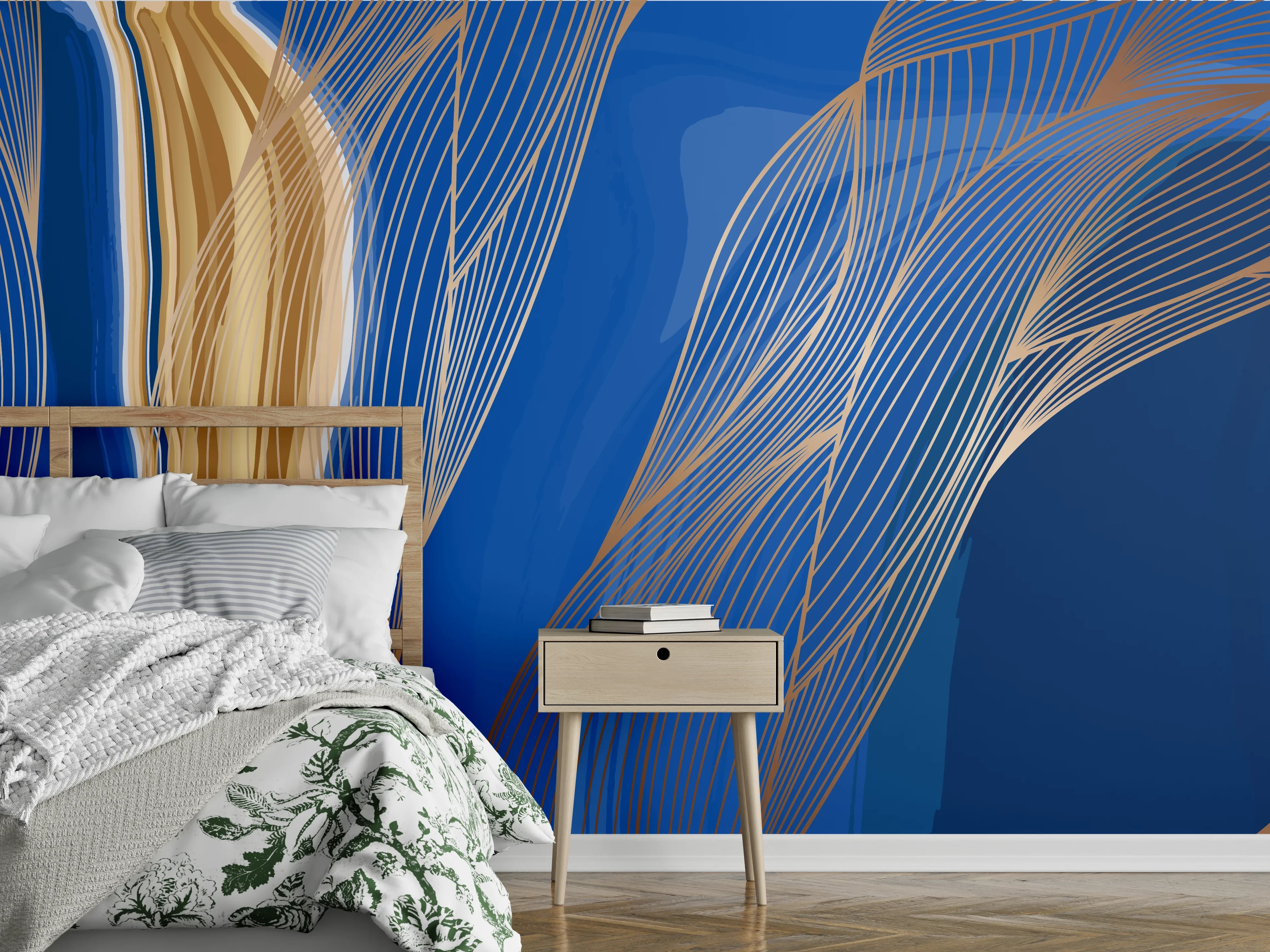 Wandverkleidung Schlafzimmer - Abstrakte Linienkunst in Blau-Gold
