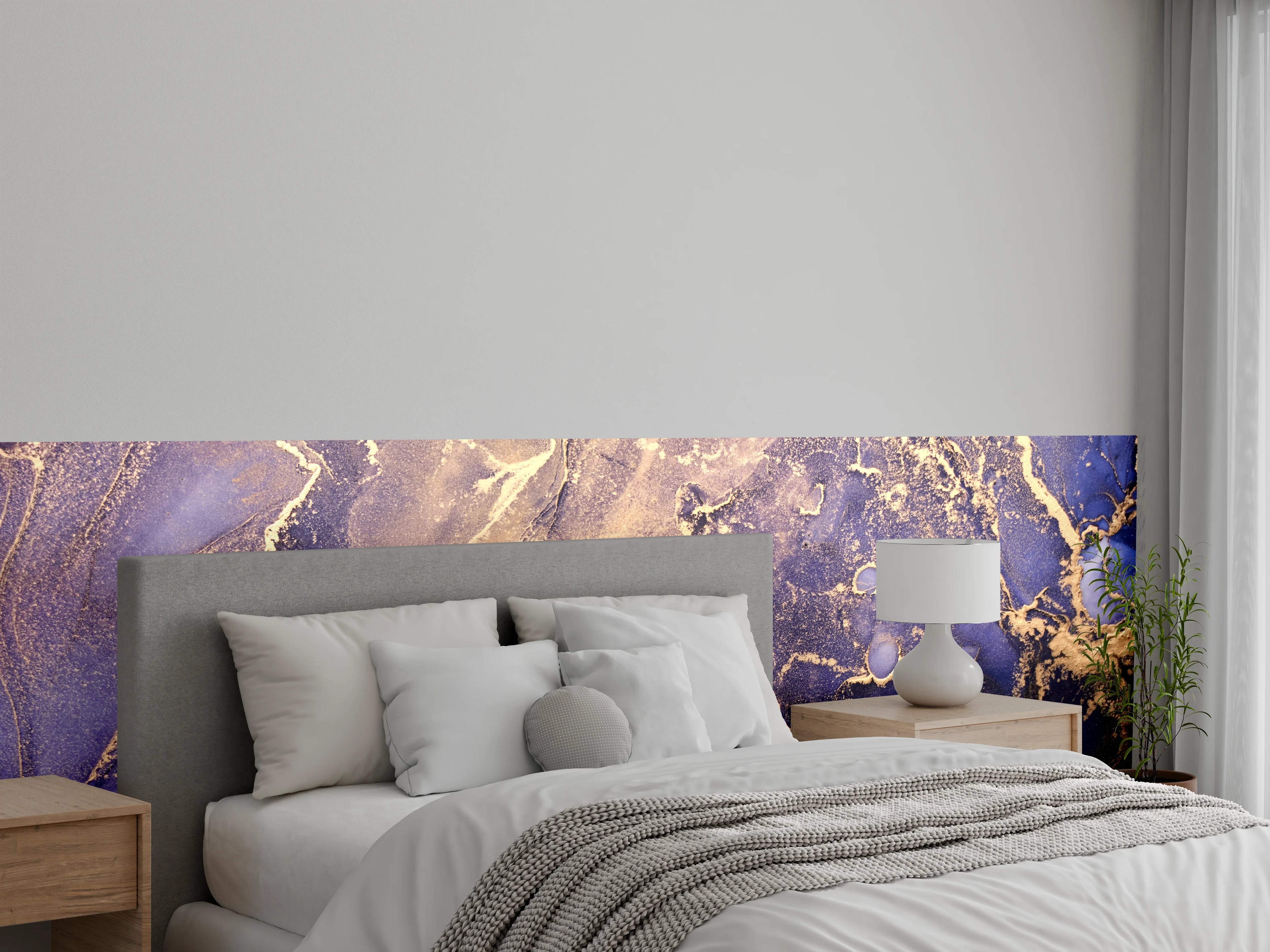 Wandverkleidung Schlafzimmer - Abstrakte Malerei in Blau-Gold