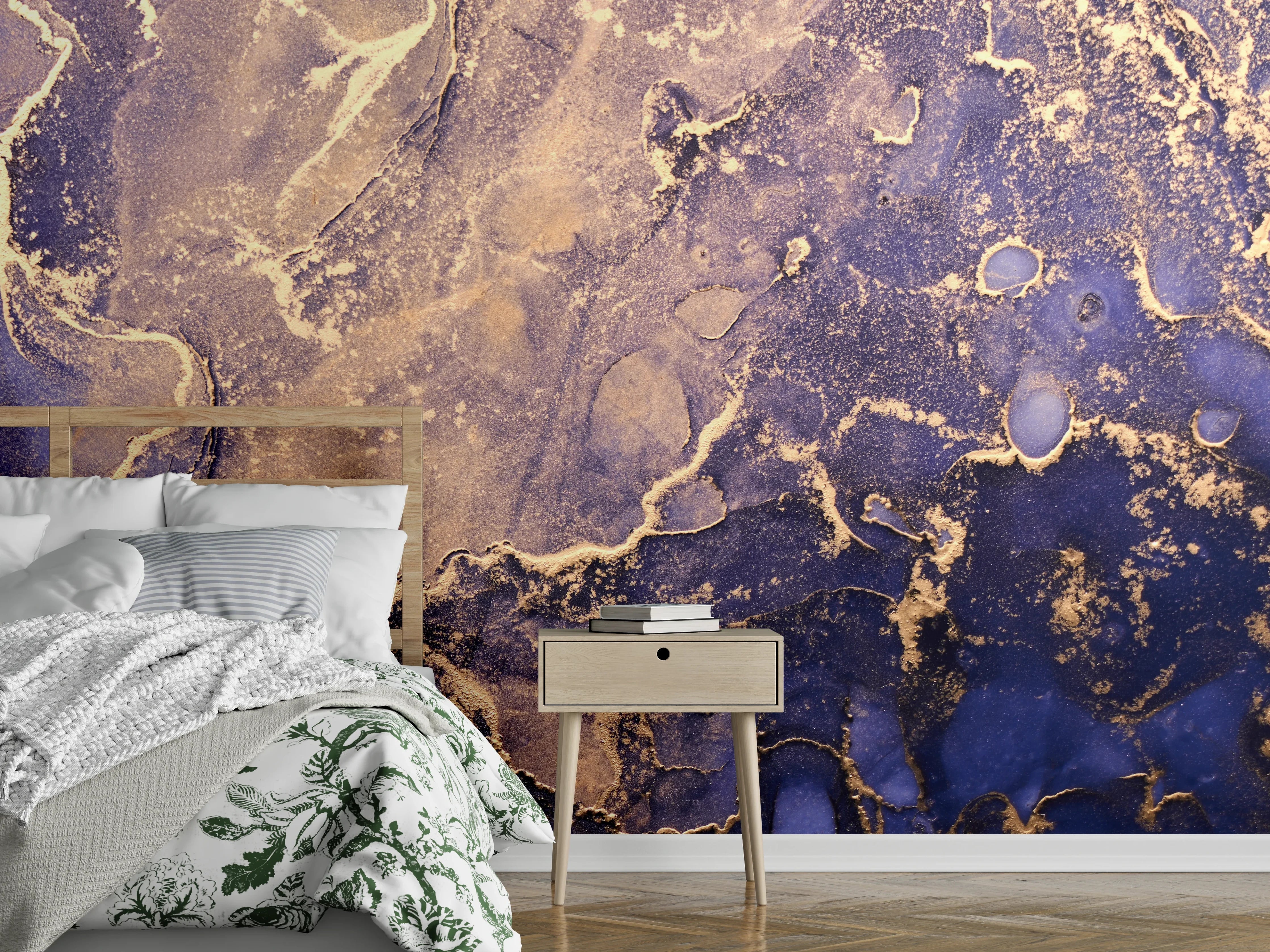 Wandverkleidung Schlafzimmer - Abstrakte Malerei in Blau-Gold