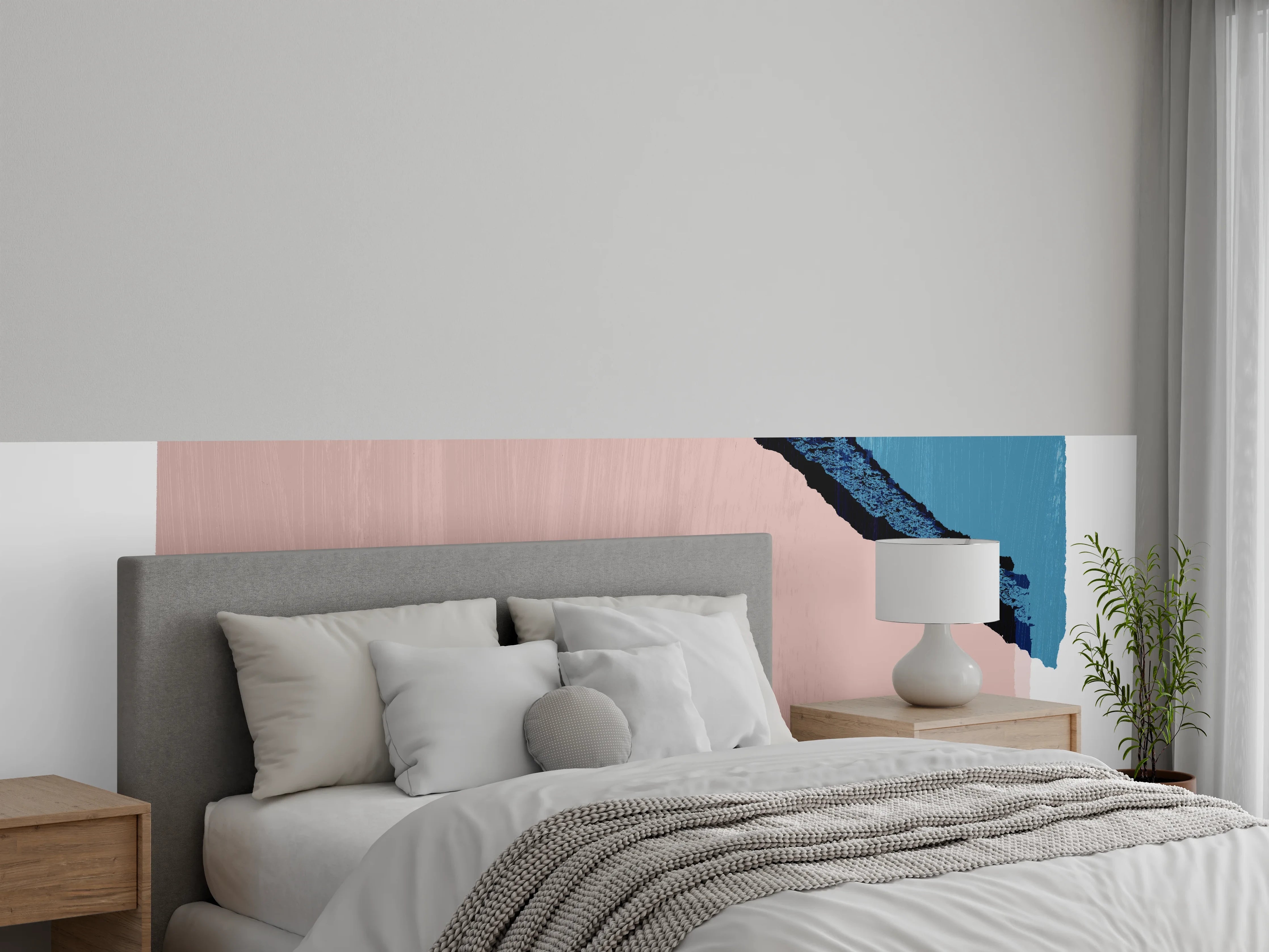 Wandverkleidung Schlafzimmer - Abstrakte Malerei in Blau und Rosé