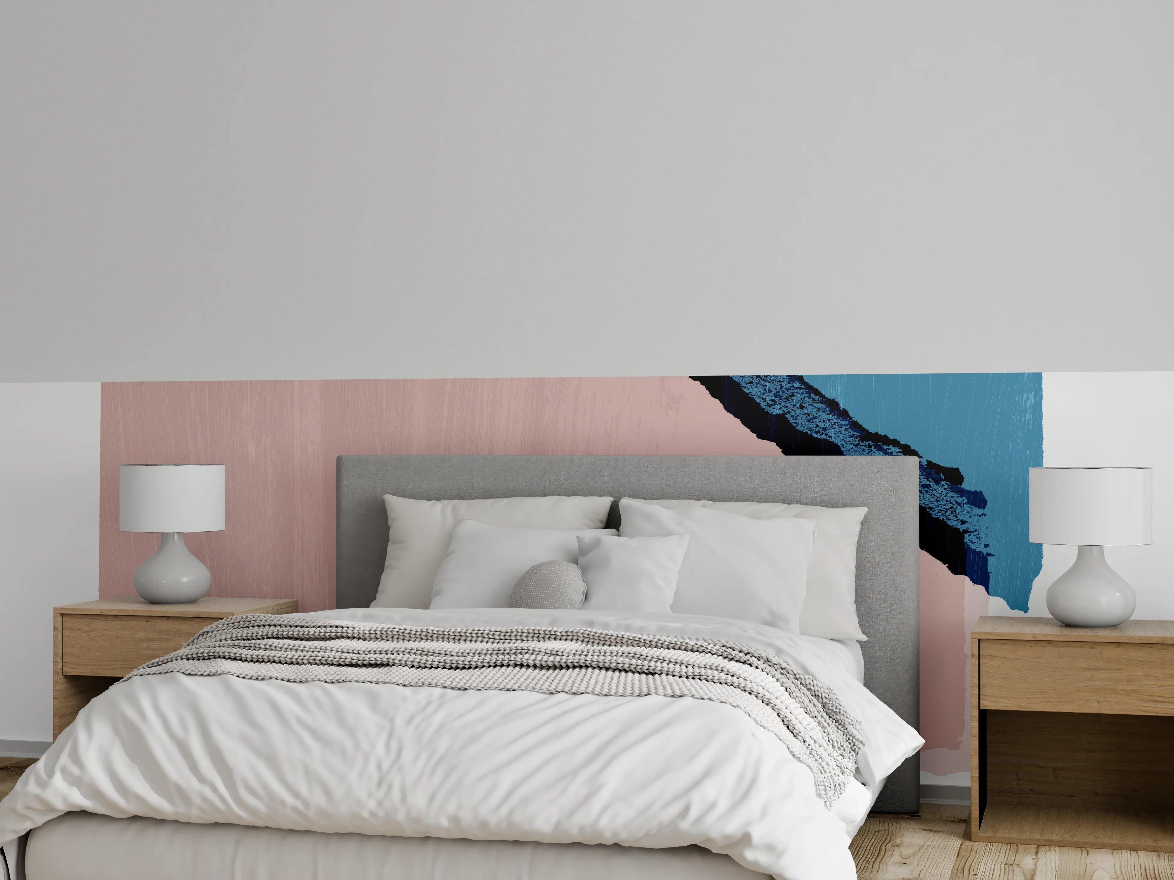Wandverkleidung Schlafzimmer - Abstrakte Malerei in Blau und Rosé