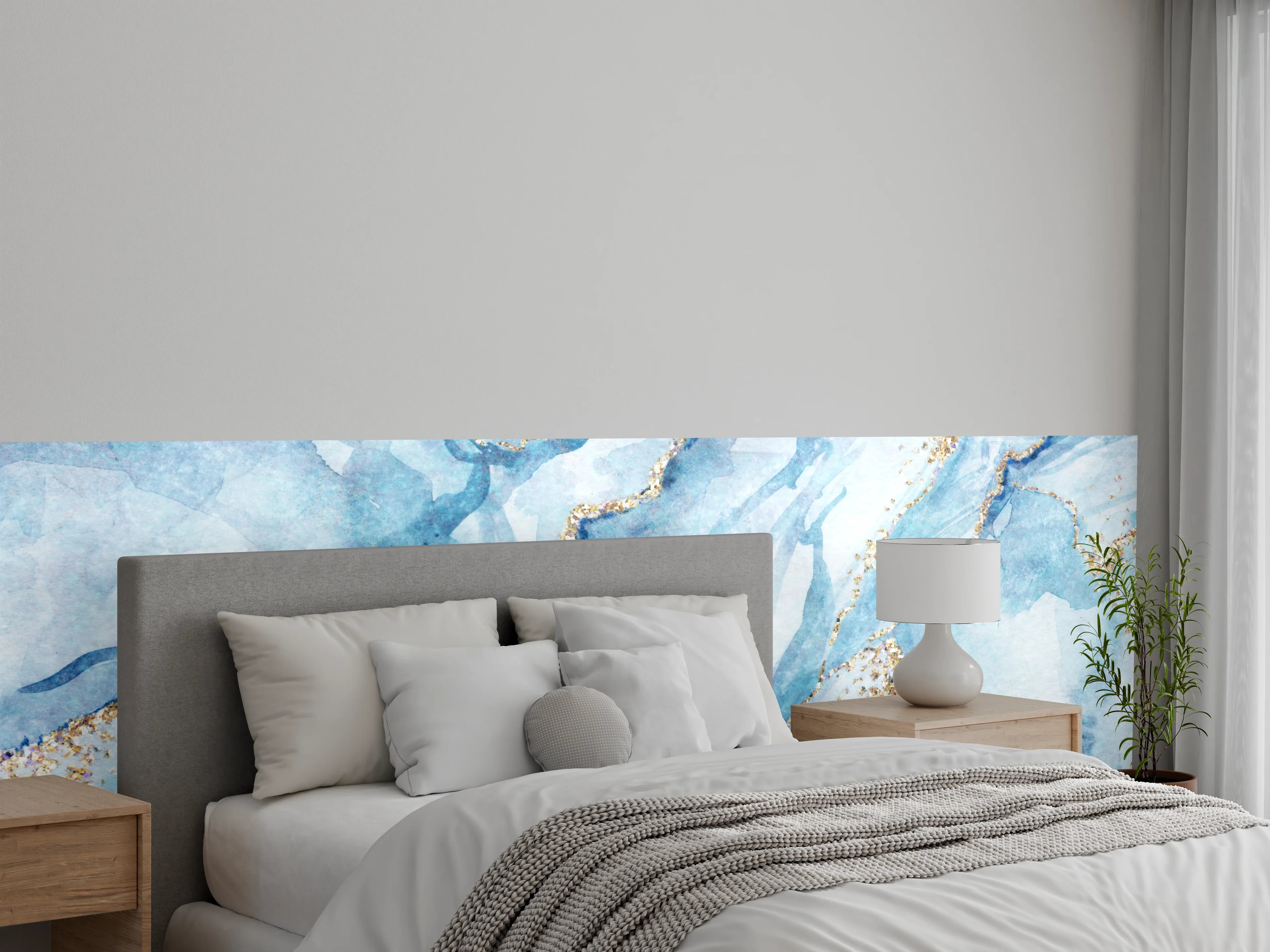 Wandverkleidung Schlafzimmer - Abstrakte Marmor-Optik in Blau und Gold