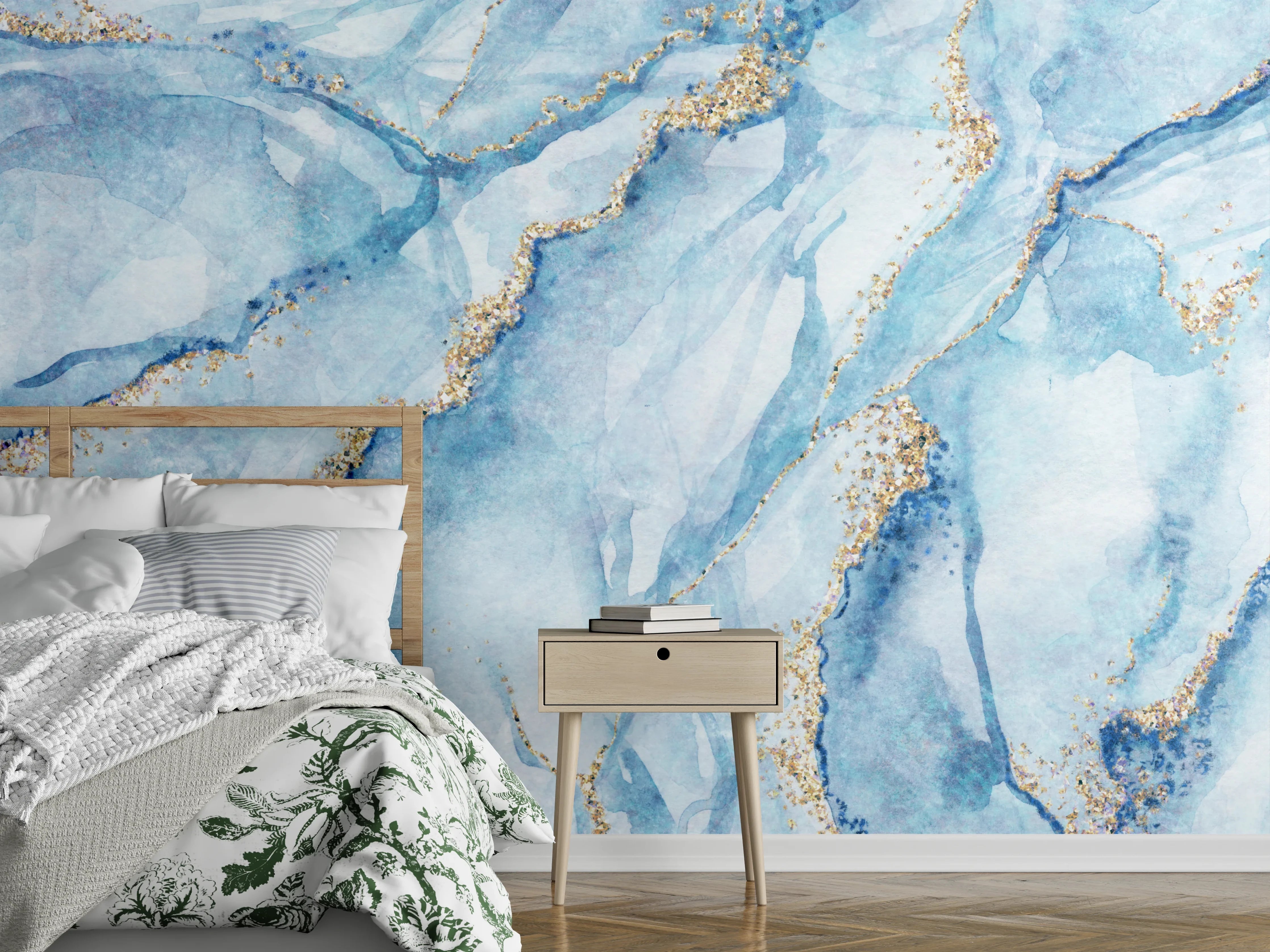 Wandverkleidung Schlafzimmer - Abstrakte Marmor-Optik in Blau und Gold