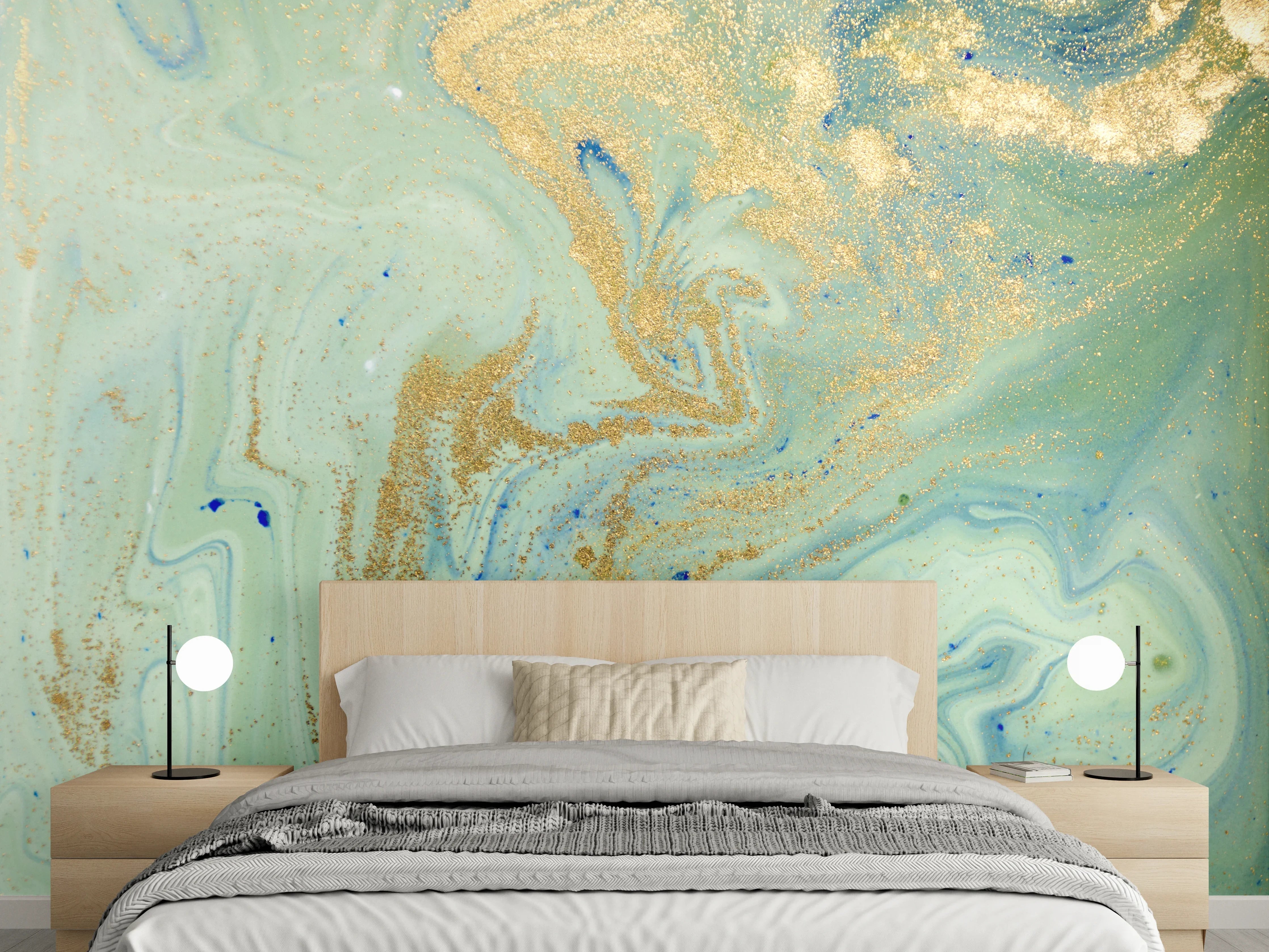 Wandverkleidung Schlafzimmer - Abstrakte Marmor-Optik in Gold und Türkis