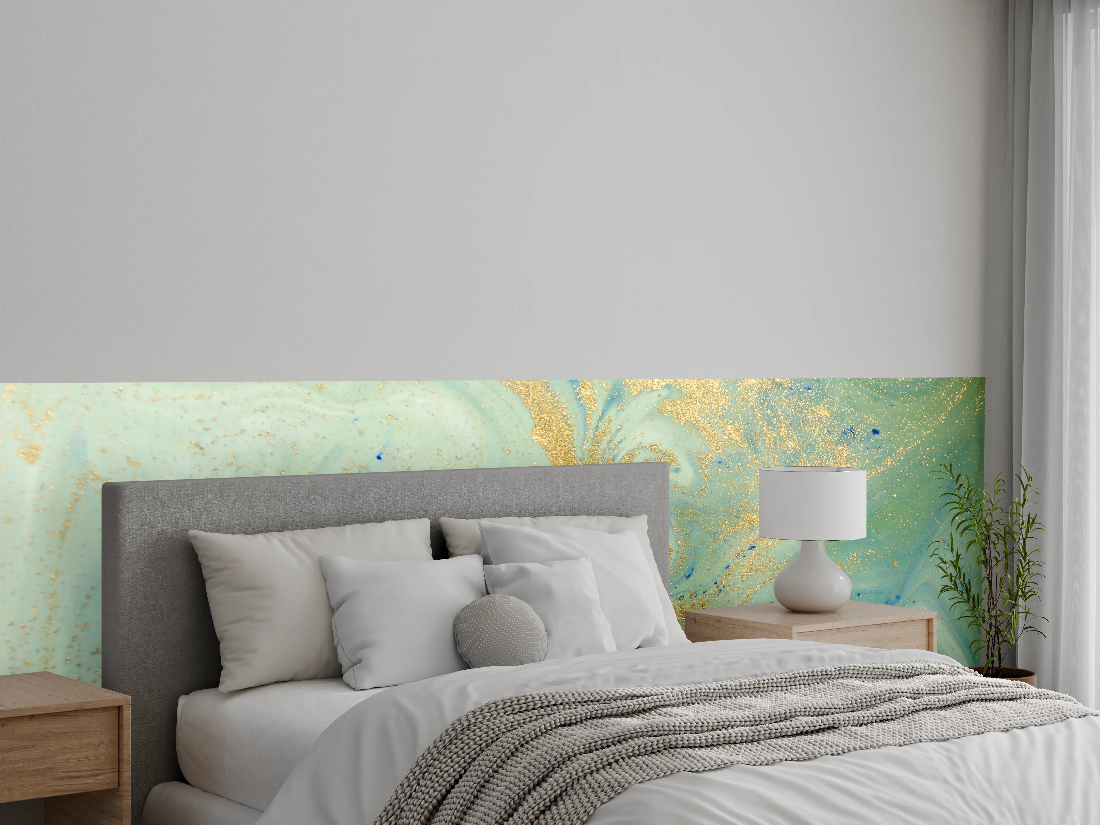 Wandverkleidung Schlafzimmer - Abstrakte Marmor-Optik in Gold und Türkis