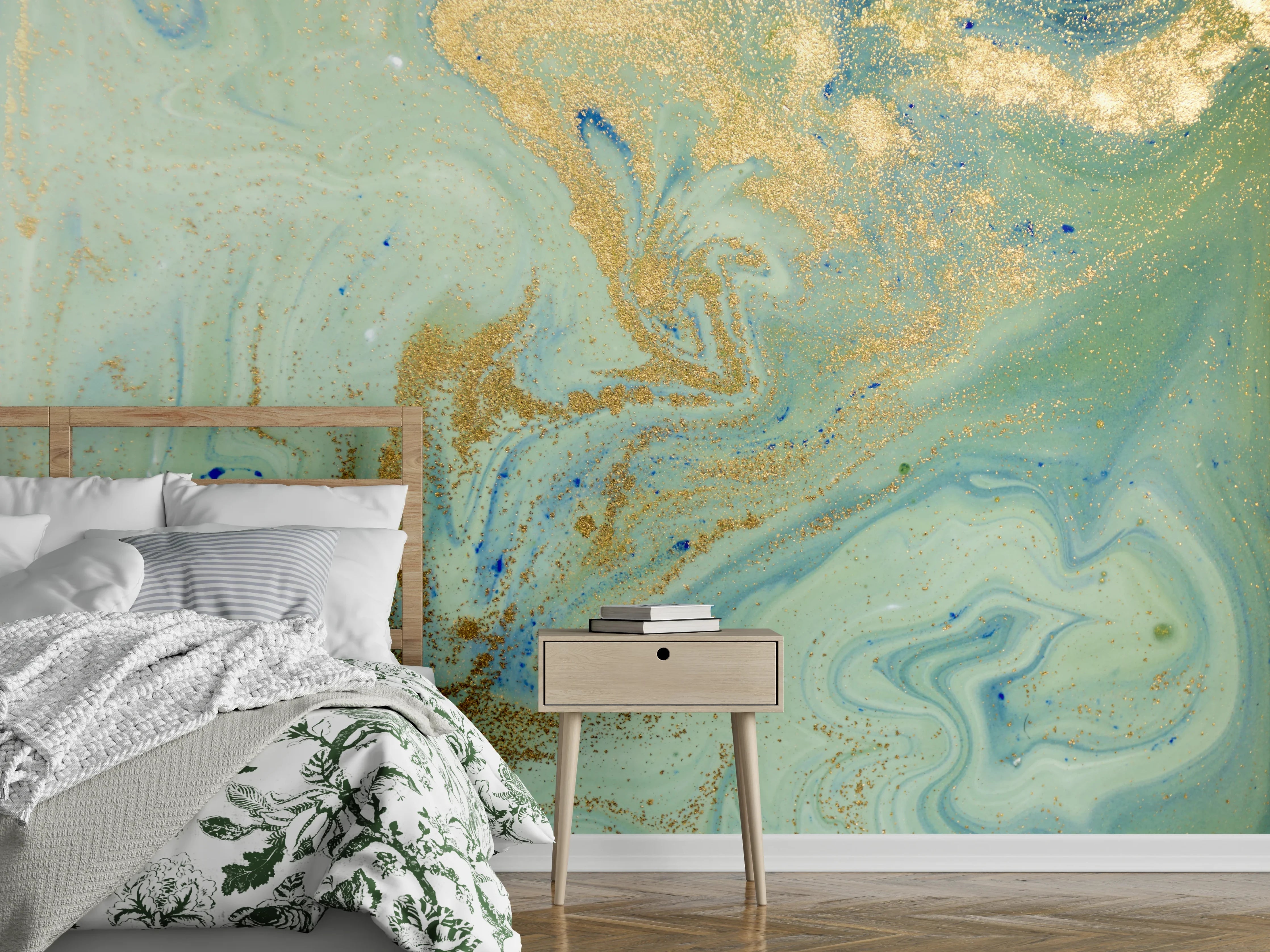 Wandverkleidung Schlafzimmer - Abstrakte Marmor-Optik in Gold und Türkis