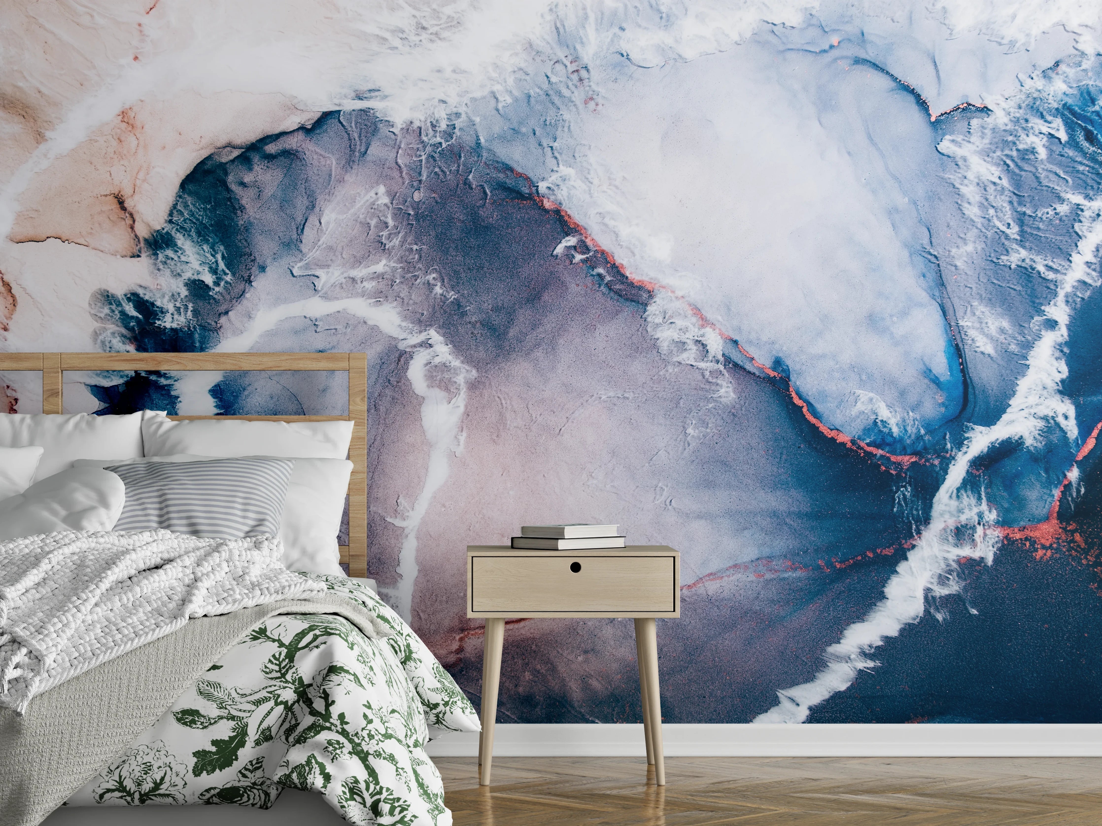 Wandverkleidung Schlafzimmer - Abstrakte Marmorkunst in Blau-Weiß