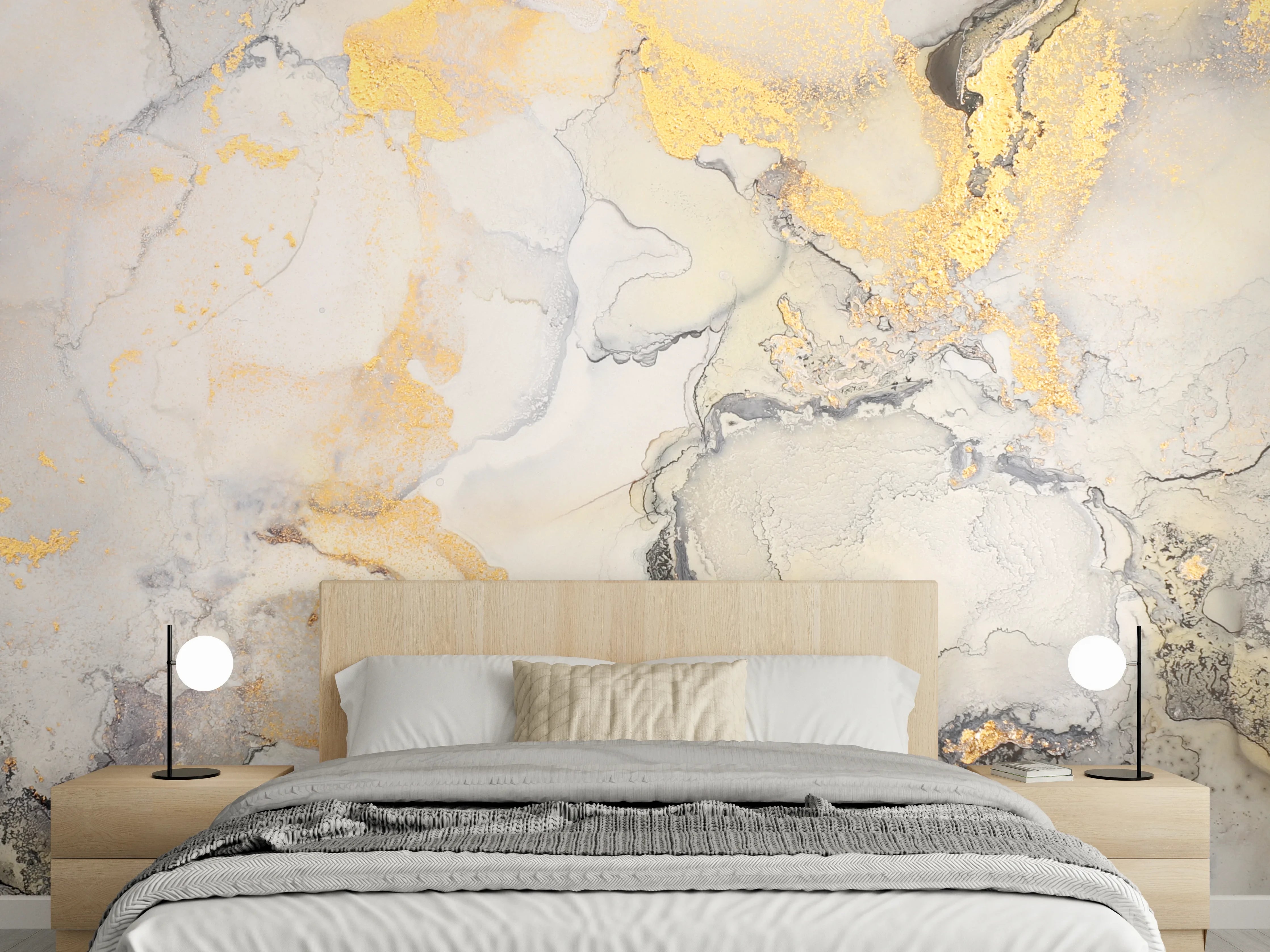Wandverkleidung Schlafzimmer - Abstrakte Marmorkunst mit Goldakzenten