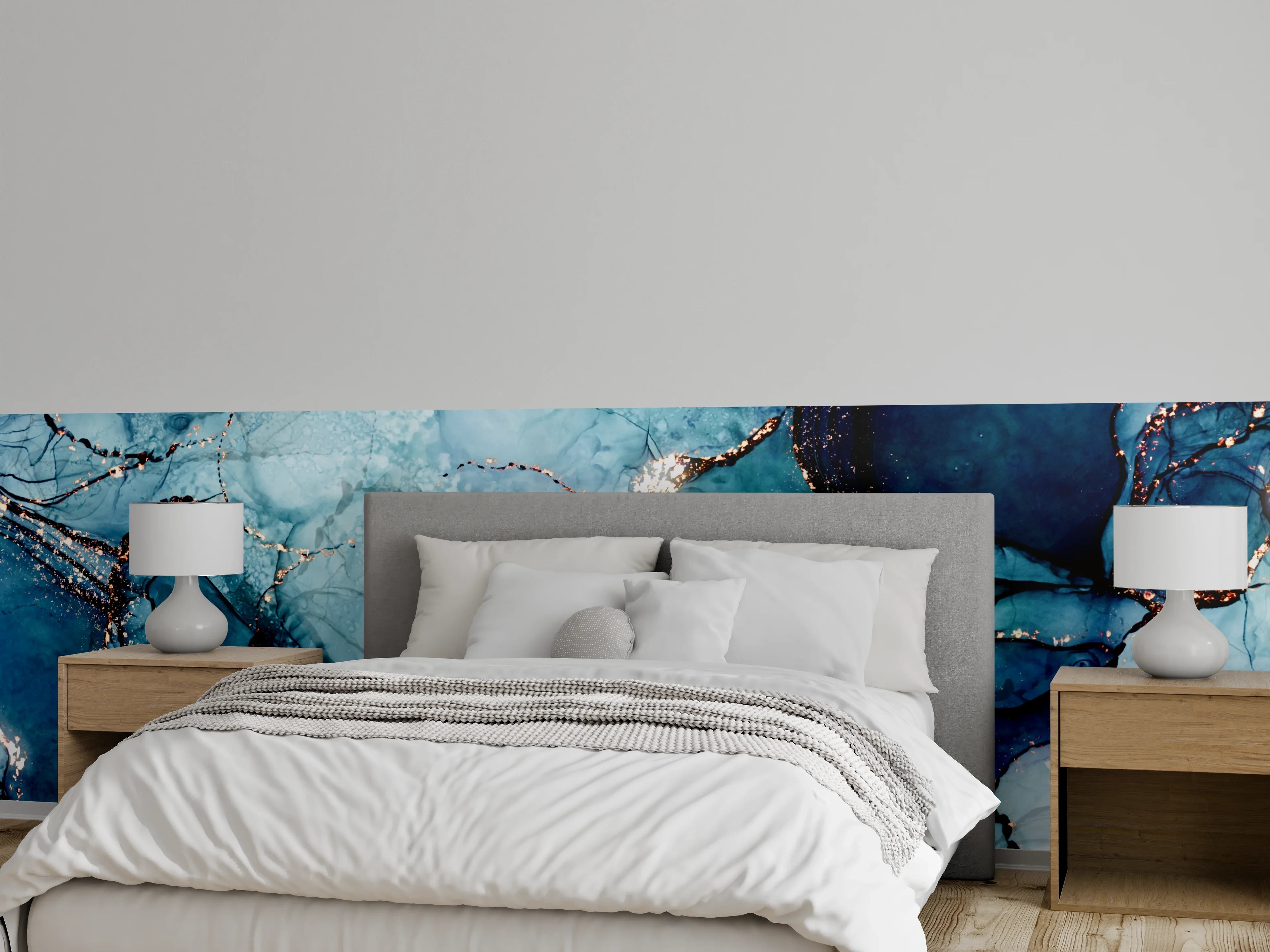 Wandverkleidung Schlafzimmer - Abstrakte Marmoroptik Blau-Gold Struktur