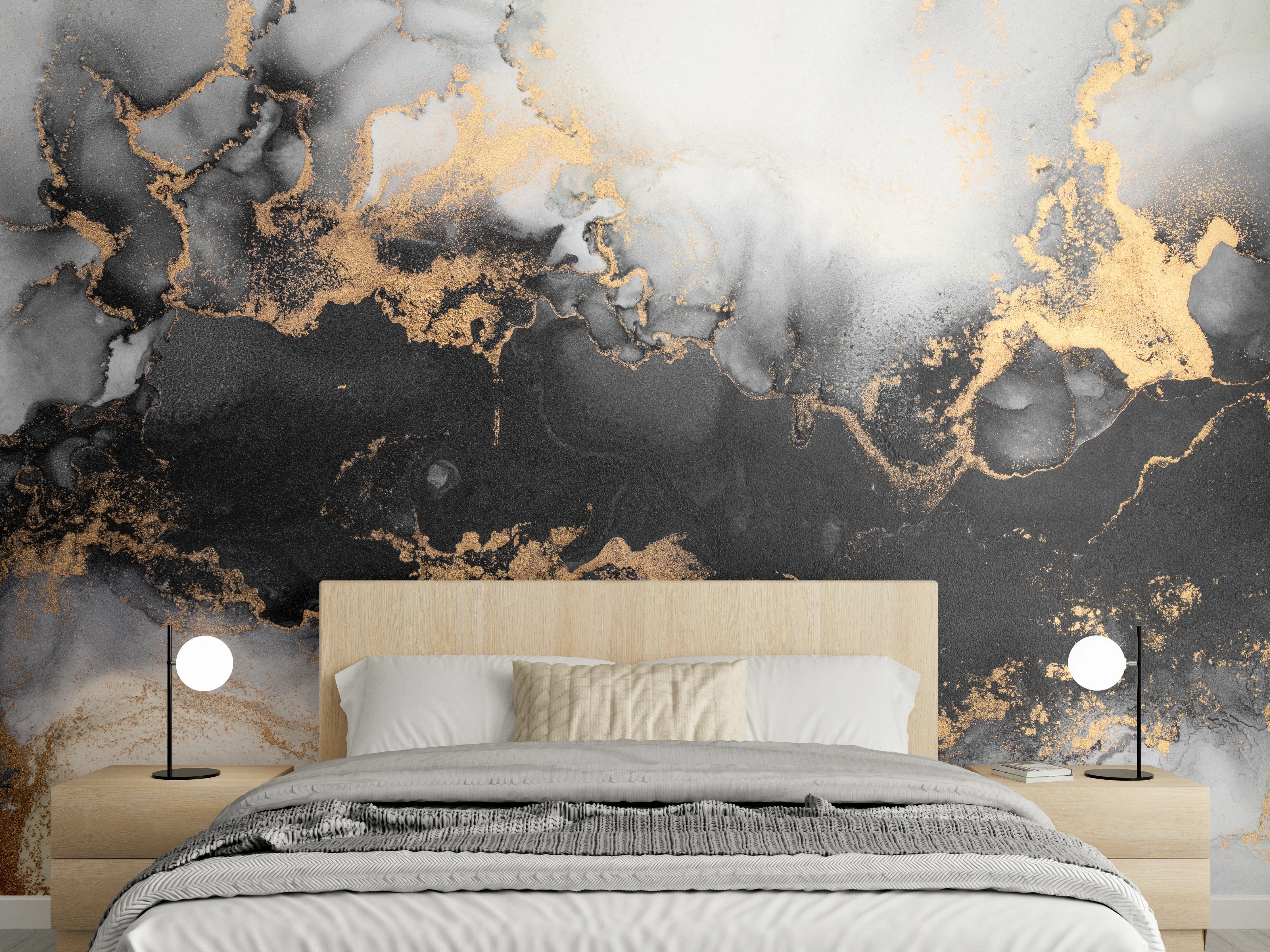 Wandverkleidung Schlafzimmer - Abstrakte Marmoroptik Schwarz Gold Weiß