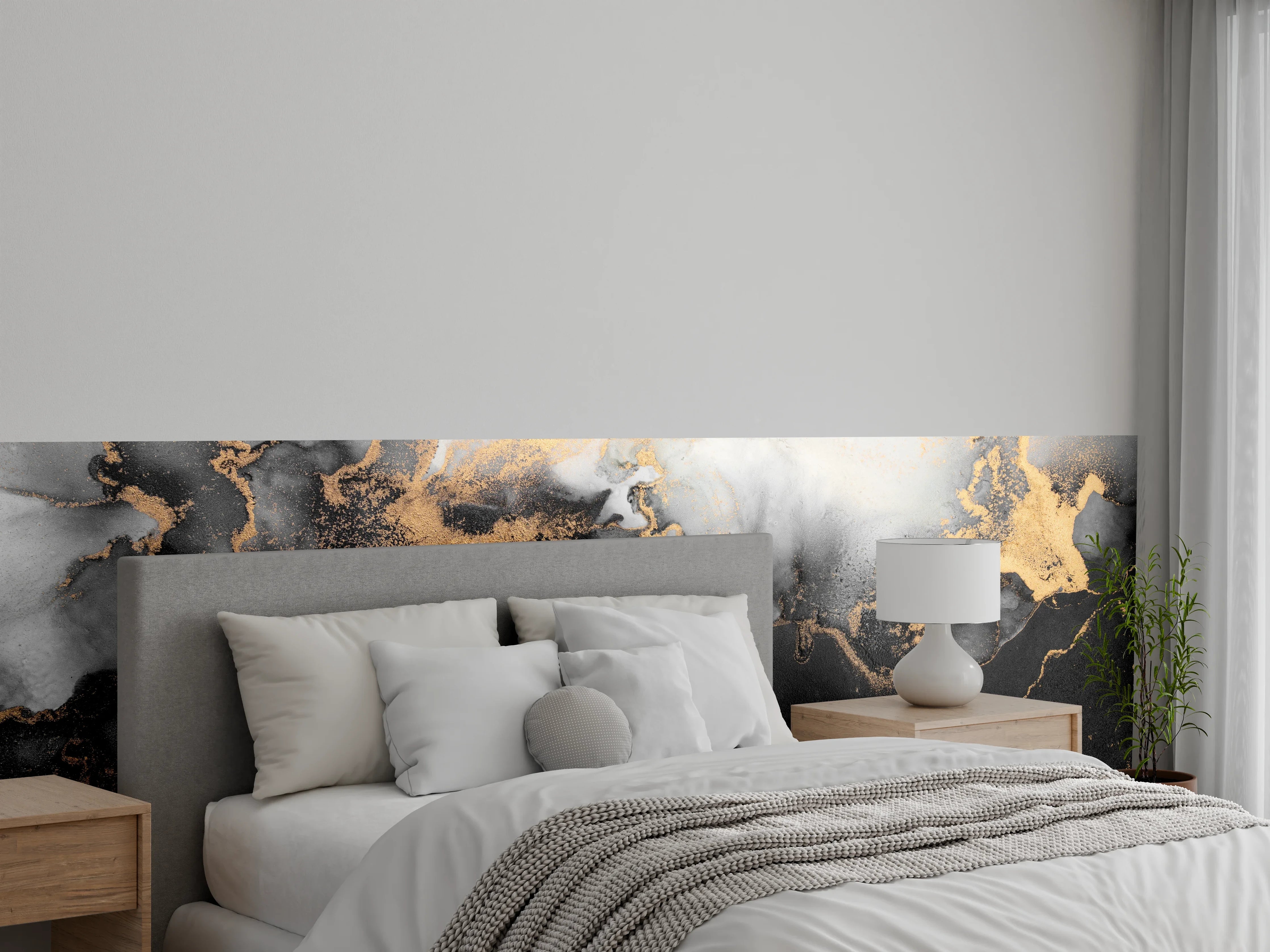 Wandverkleidung Schlafzimmer - Abstrakte Marmoroptik Schwarz Gold Weiß
