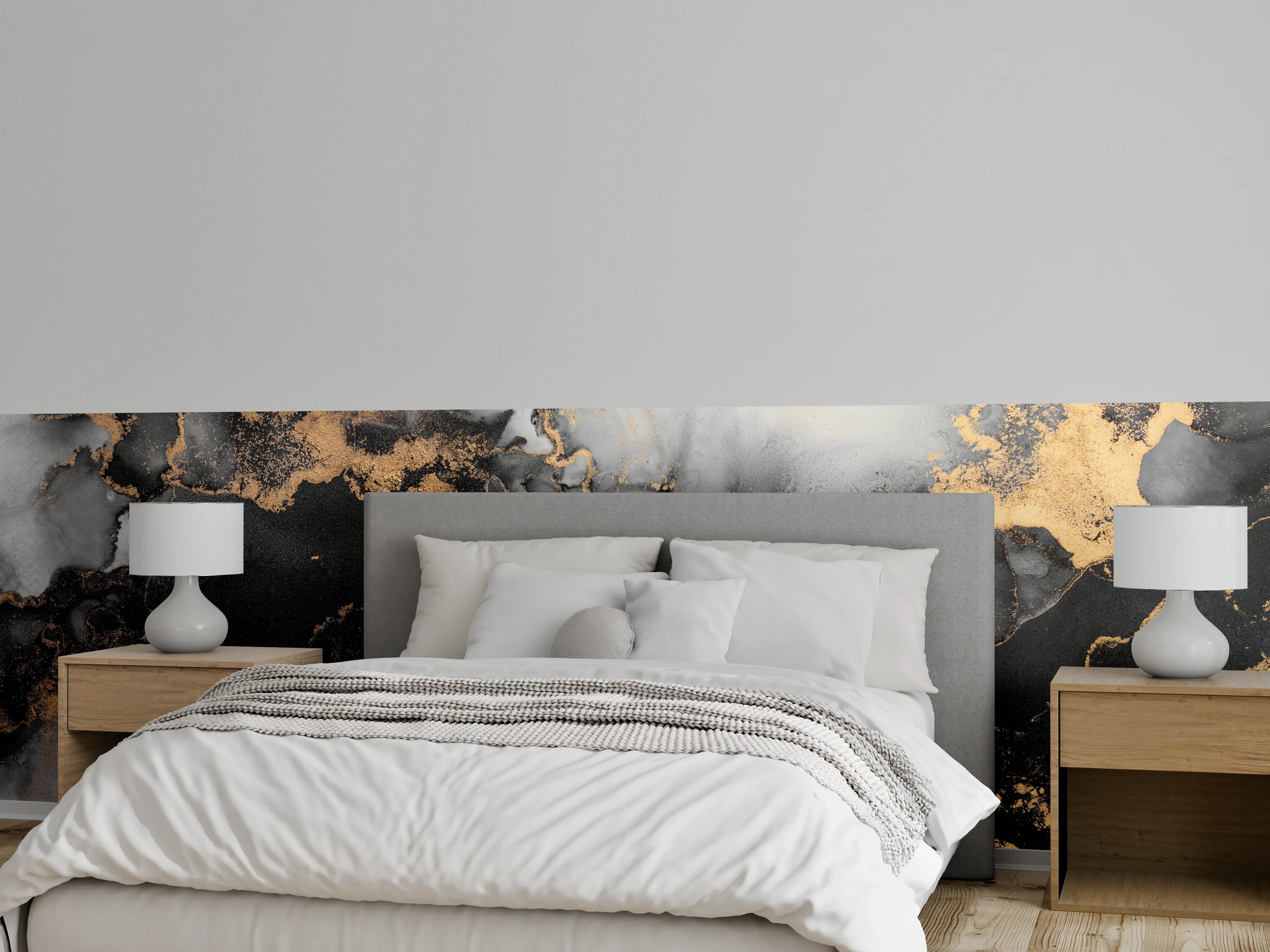 Wandverkleidung Schlafzimmer - Abstrakte Marmoroptik Schwarz Gold Weiß