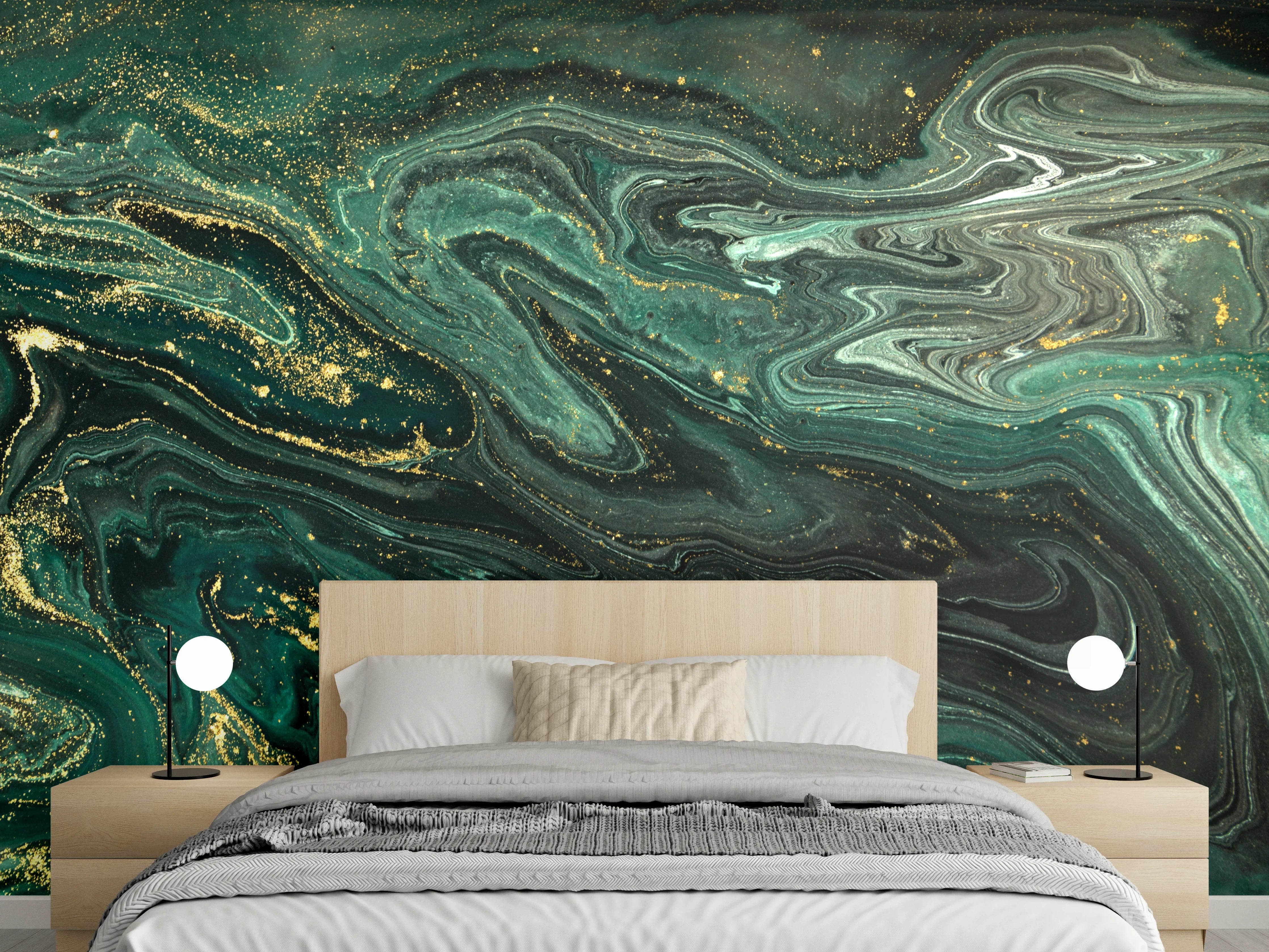 Wandverkleidung Schlafzimmer - Abstrakte Marmoroptik in Grün und Gold