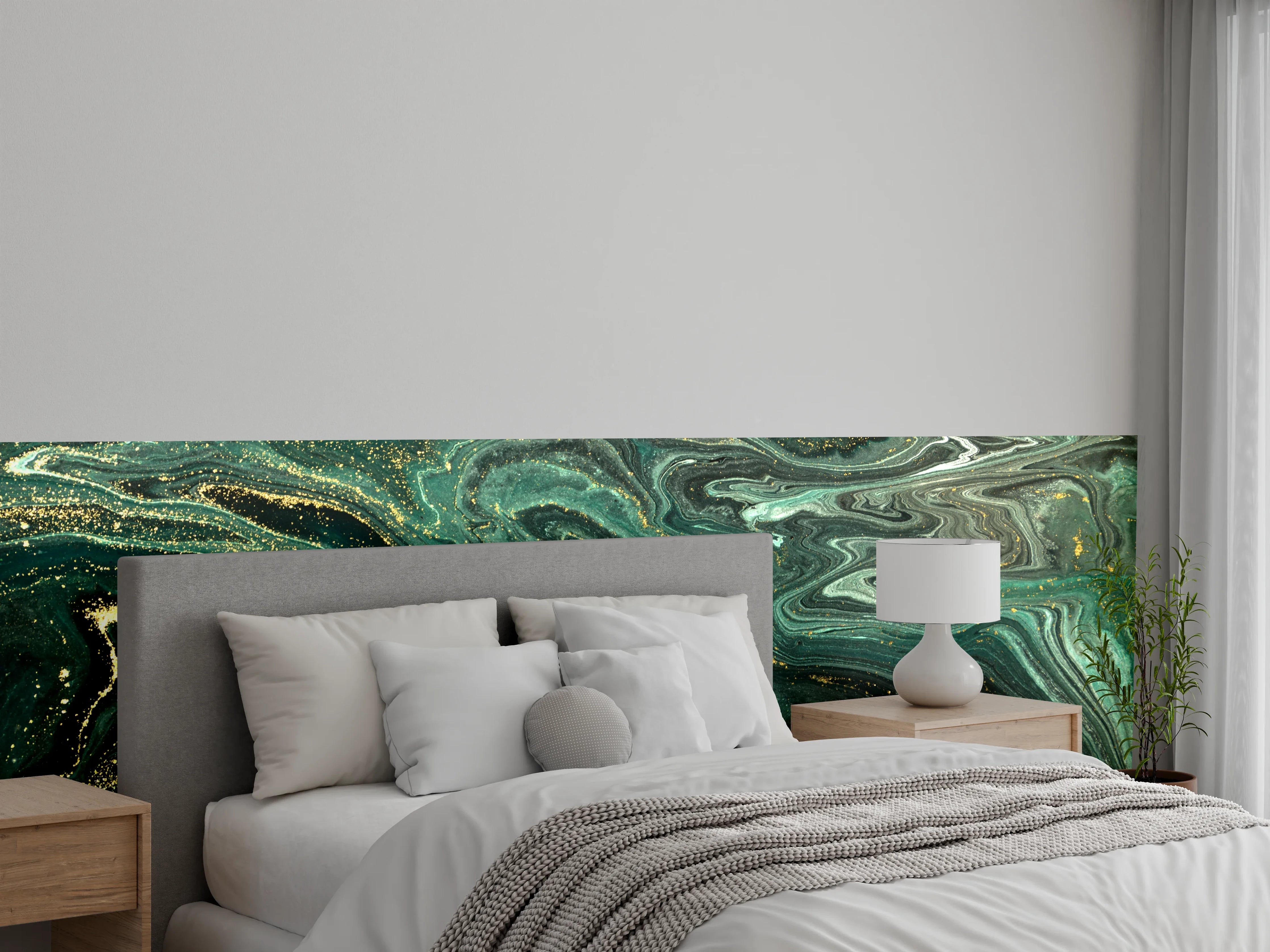 Wandverkleidung Schlafzimmer - Abstrakte Marmoroptik in Grün und Gold