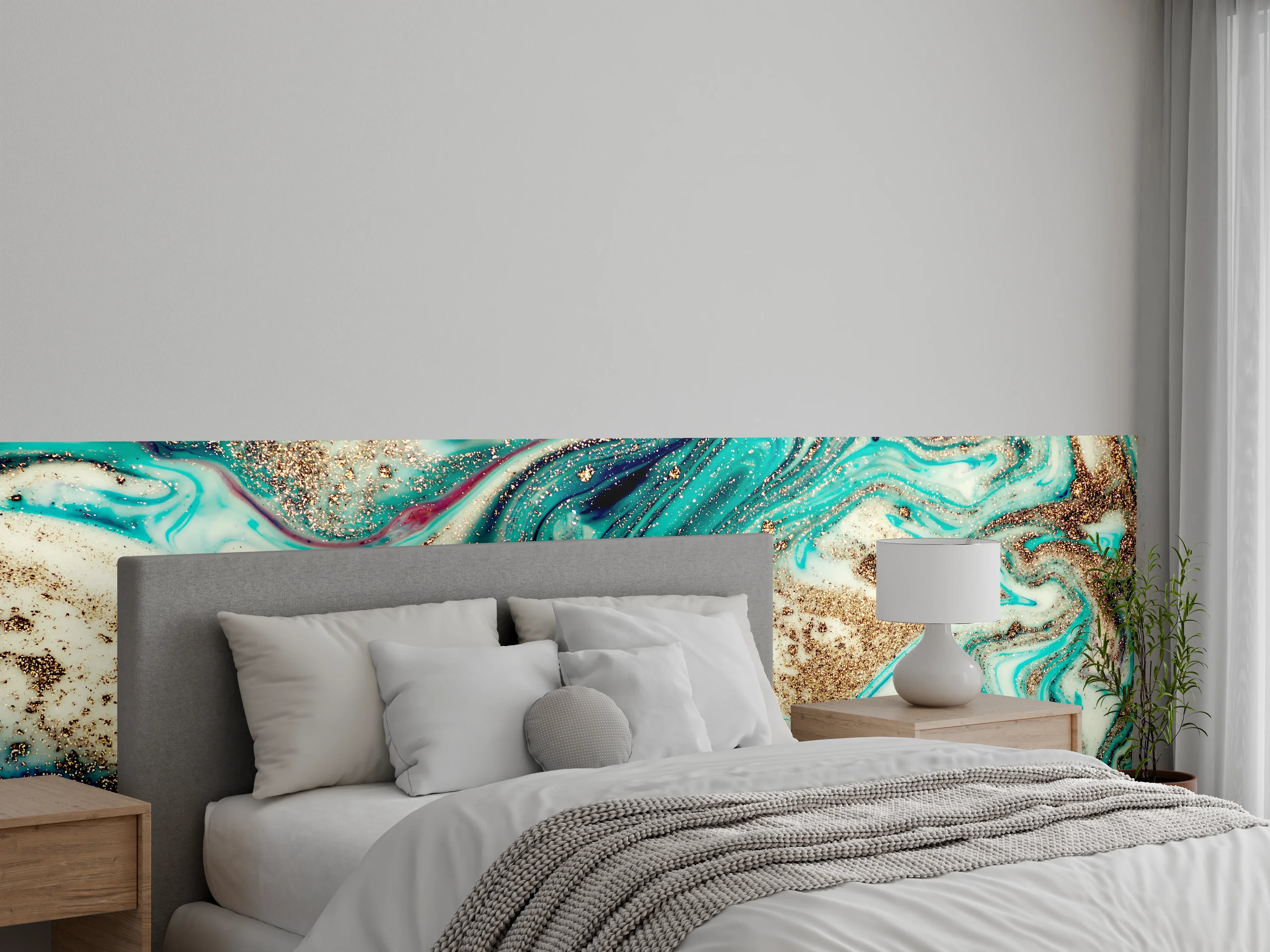 Wandverkleidung Schlafzimmer - Abstrakte Marmoroptik in Türkis und Gold