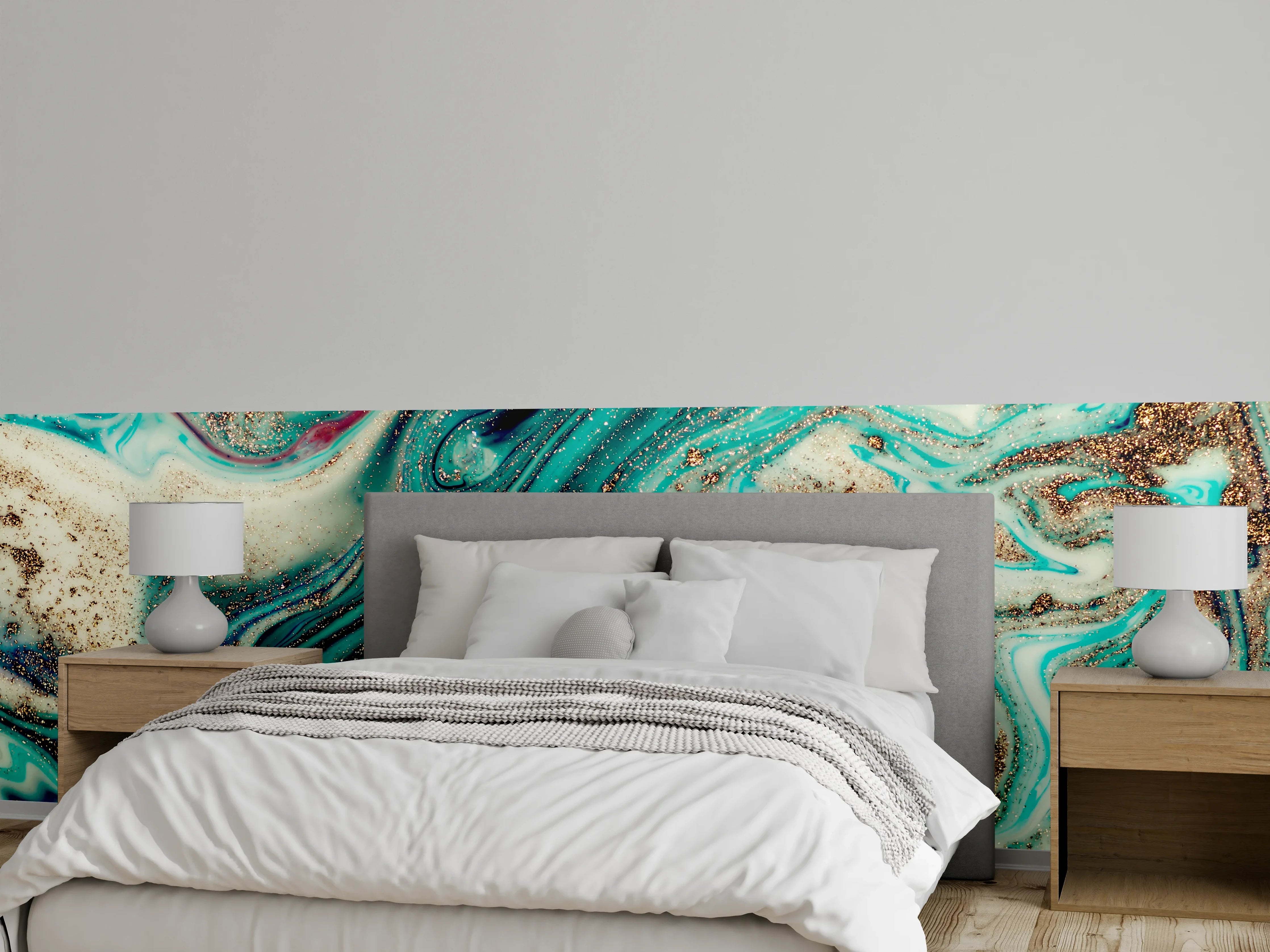 Wandverkleidung Schlafzimmer - Abstrakte Marmoroptik in Türkis und Gold