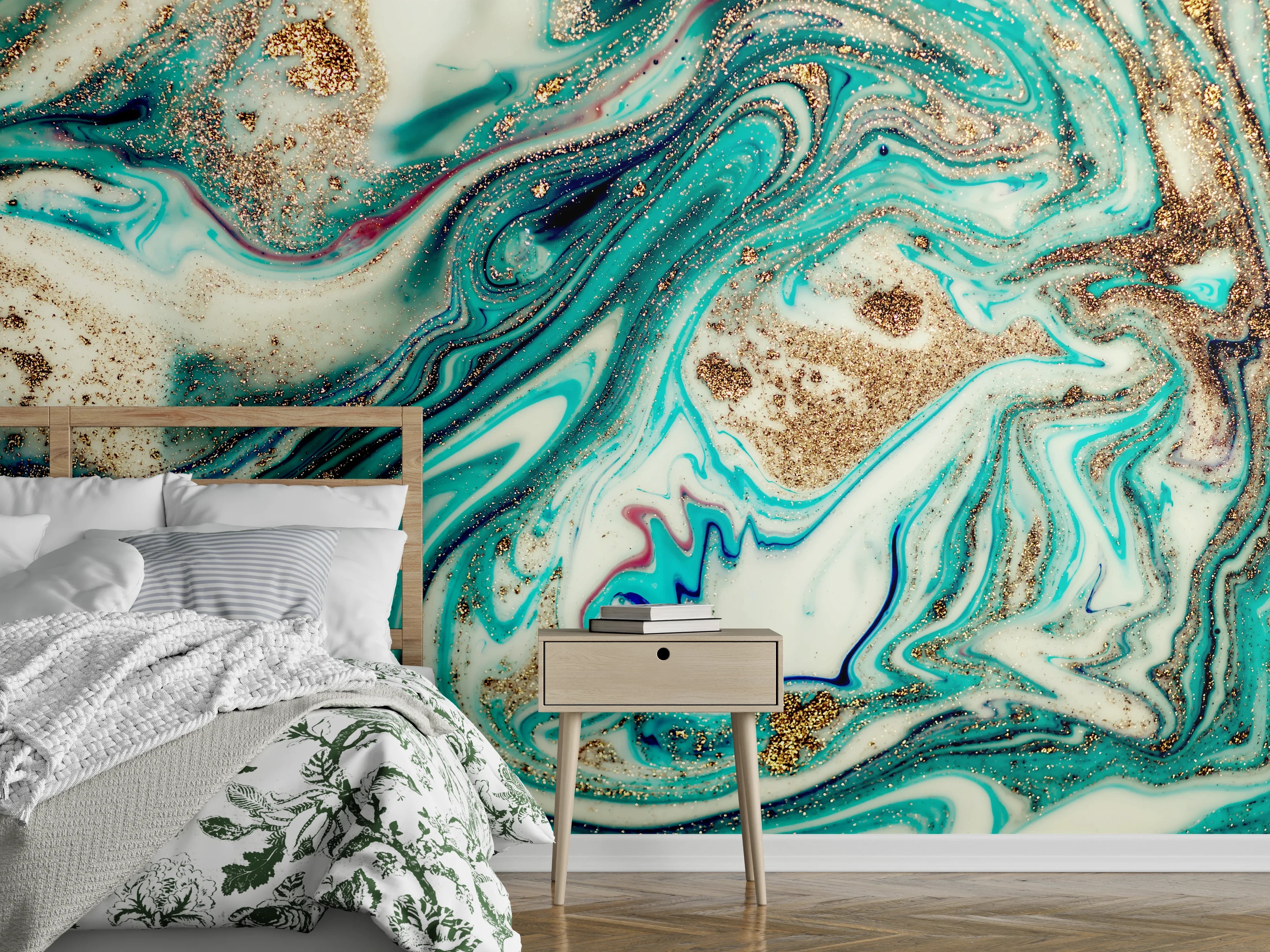 Wandverkleidung Schlafzimmer - Abstrakte Marmoroptik in Türkis und Gold