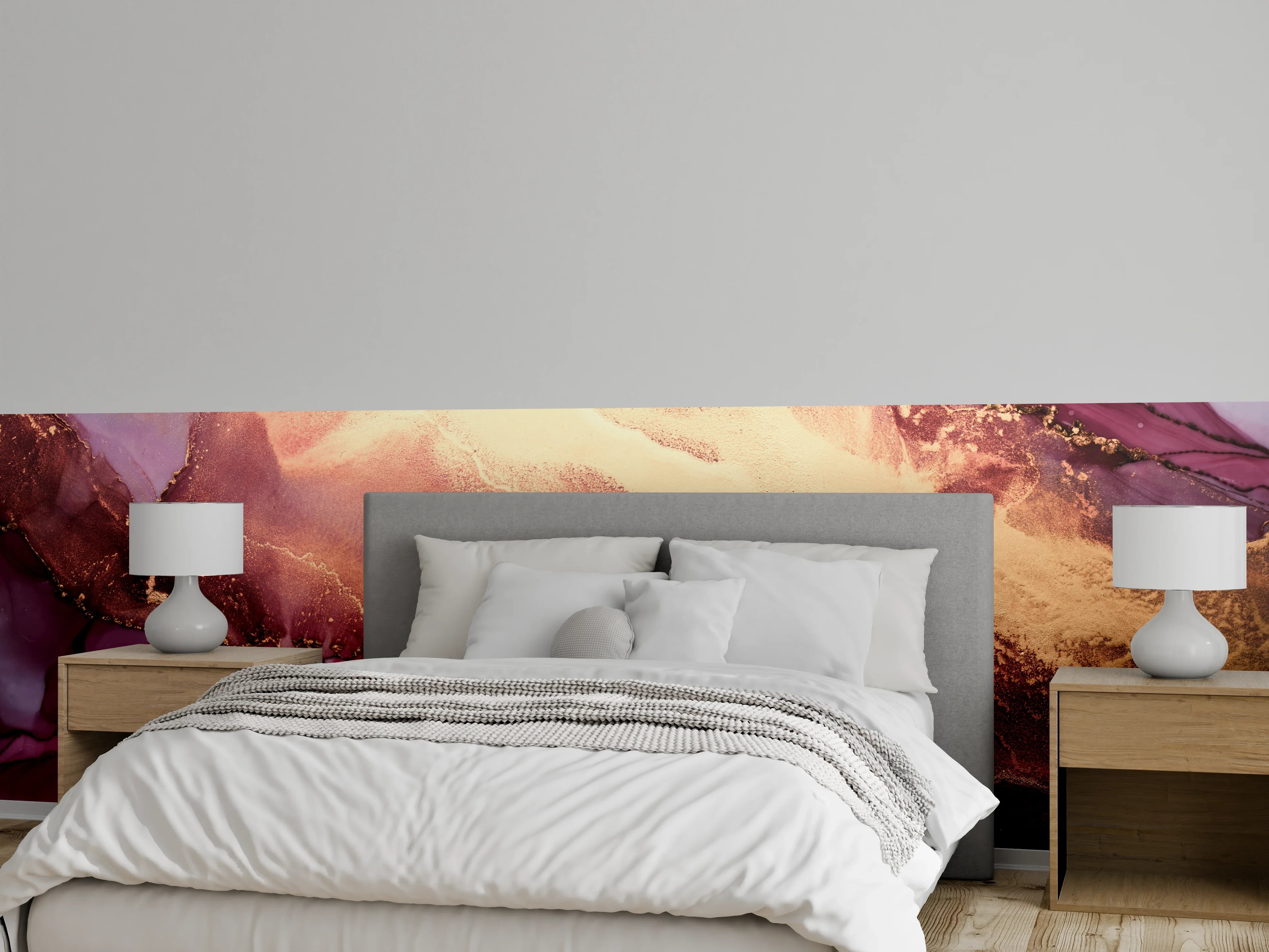 Wandverkleidung Schlafzimmer - Abstrakte Marmoroptik in Weinrot und Gold
